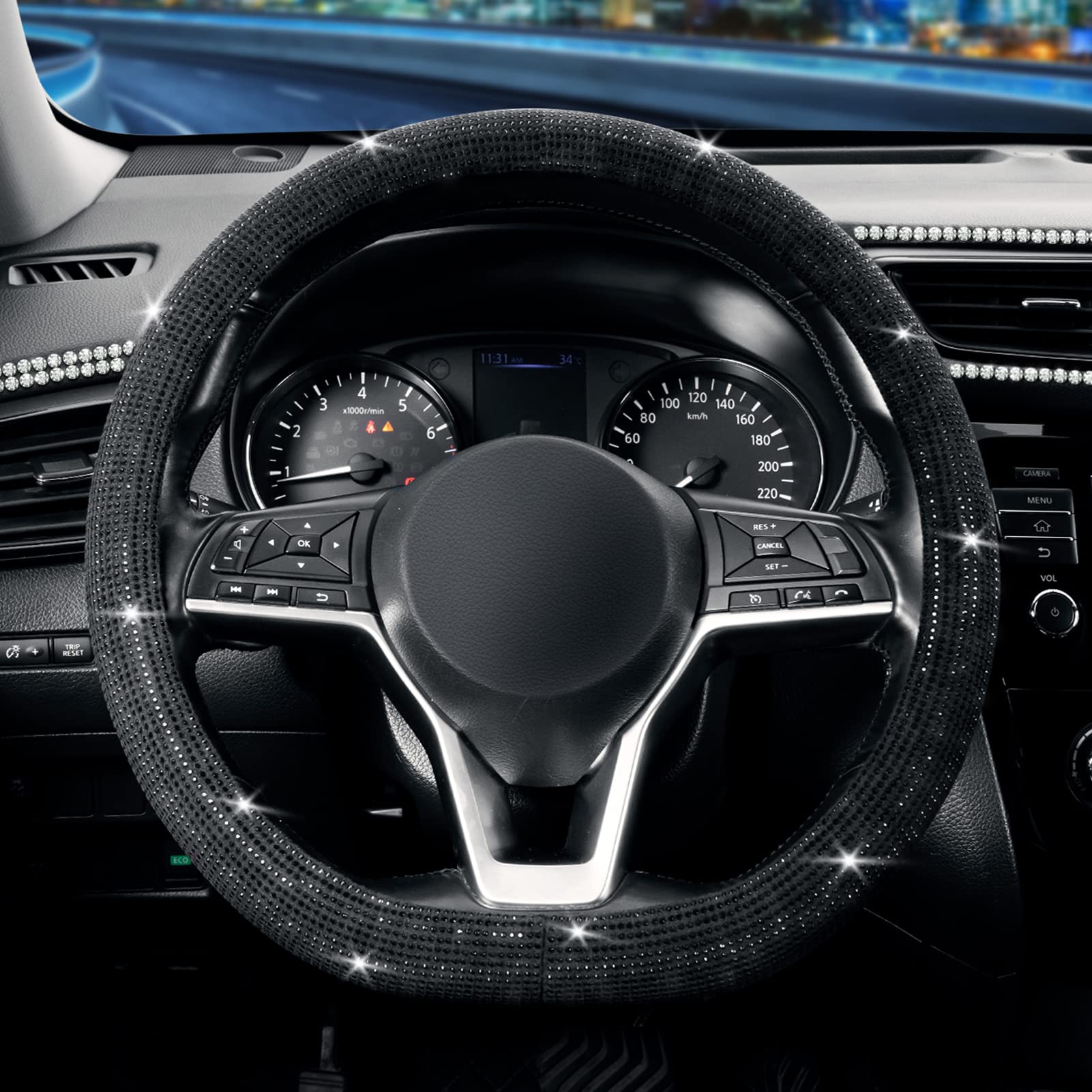 Seg Direct Diamond Flat Bottom Steering Wheel Cover, D Shaped Car Wheel Cover 14 1/2-15 In. (37-39 Cm), Bling Sparkly Rhinestone