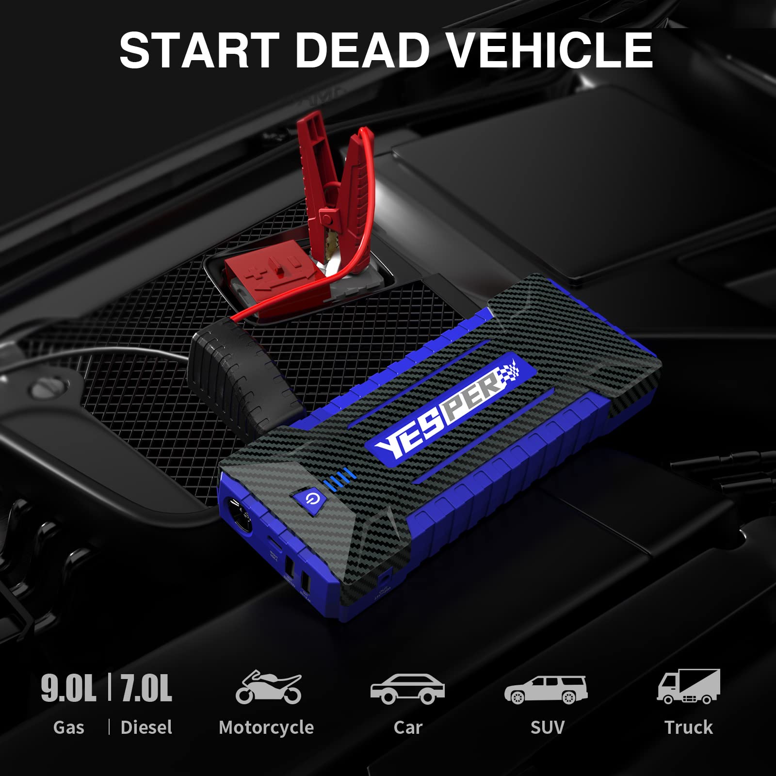 YESPER Car Jump Starter YJS20 - 12V Battery Booster, Up to 9.0L Gas/7.0L Diesel, Blue, Fast Charge & DC Port