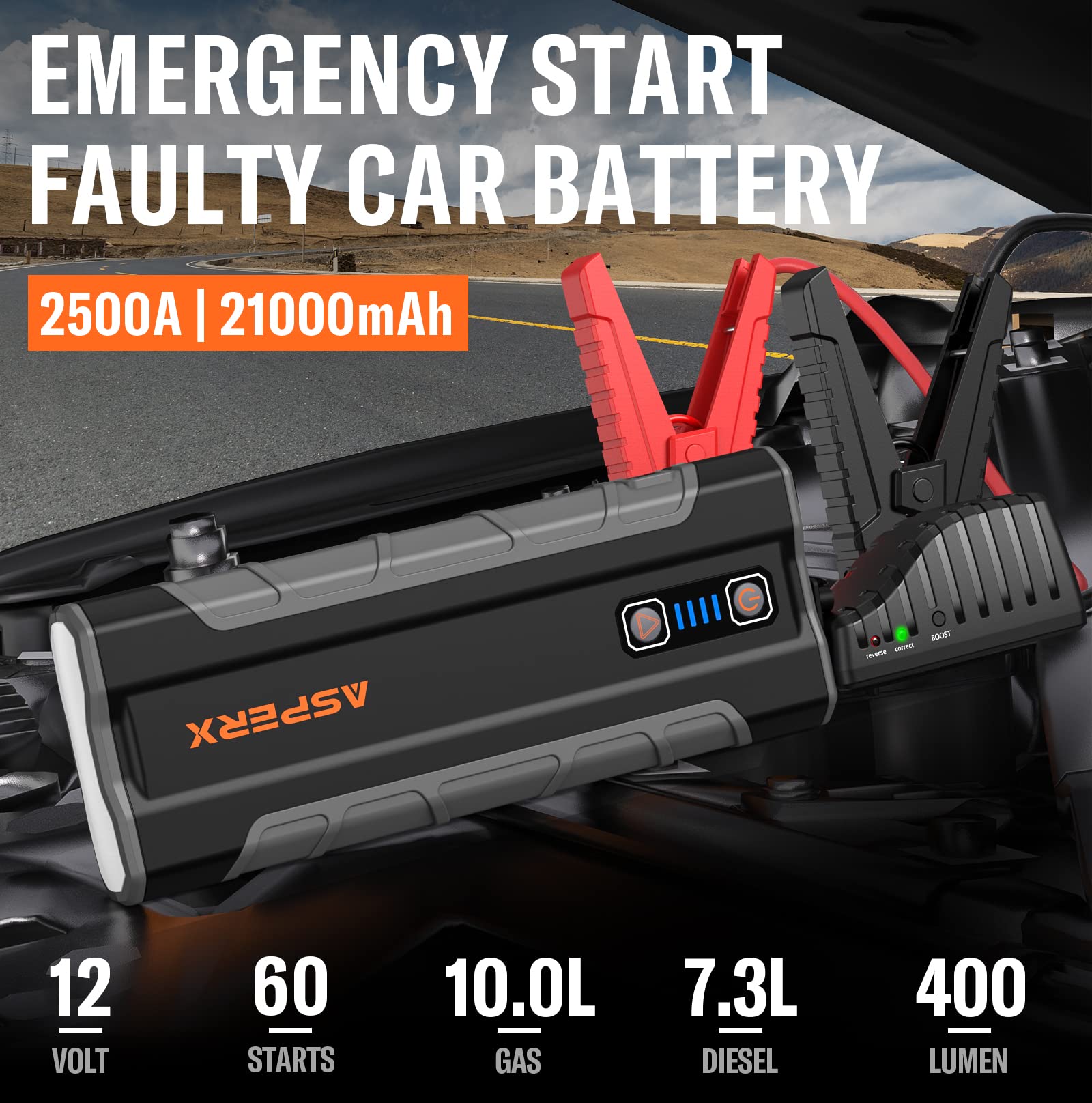 AsperX 2500A Car Jump Starter for 10L Gas & 7.3L Diesel Engines, 12V Lithium Booster, AX 2500, Grey