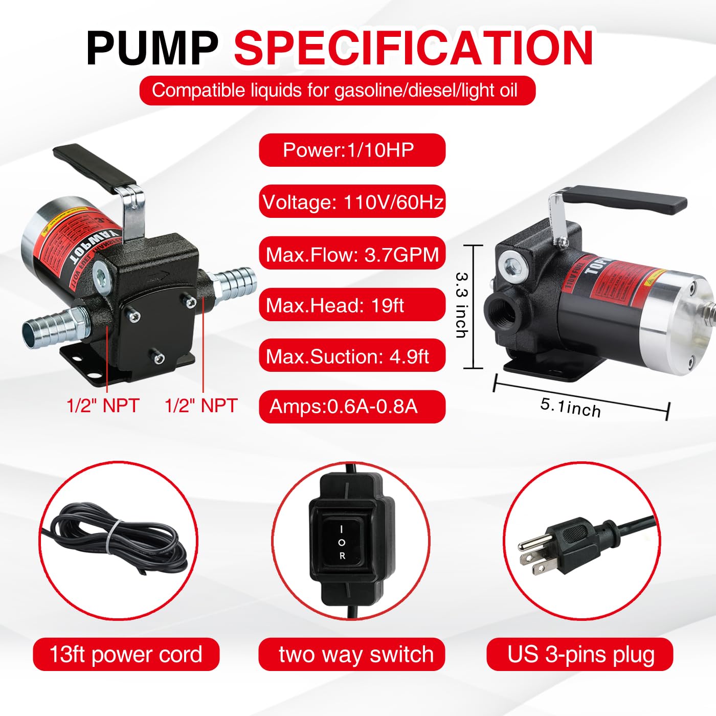 TOPWAY 110V AC Gasoline Fuel Pump, 3.7GPM Self-Priming, Reversible, Explosion-Proof, Black, Model TOP119, Ideal for Fuel Transfer