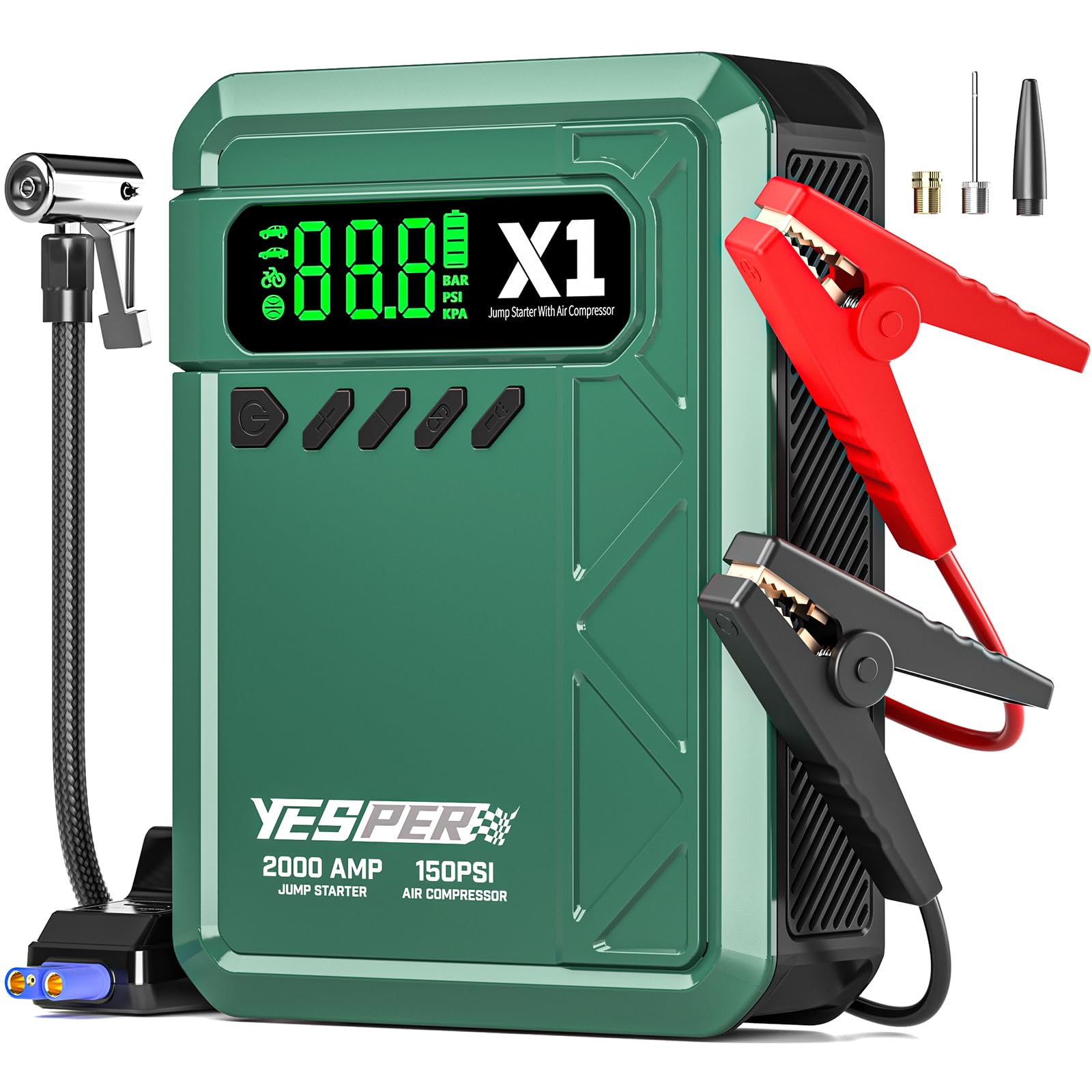 YESPER Jump Starter with Air Compressor 2000A 150PSI Battery Jumper Starter Portable(8L Gas/6L Diesel), 12V Car Jump Pack Batter