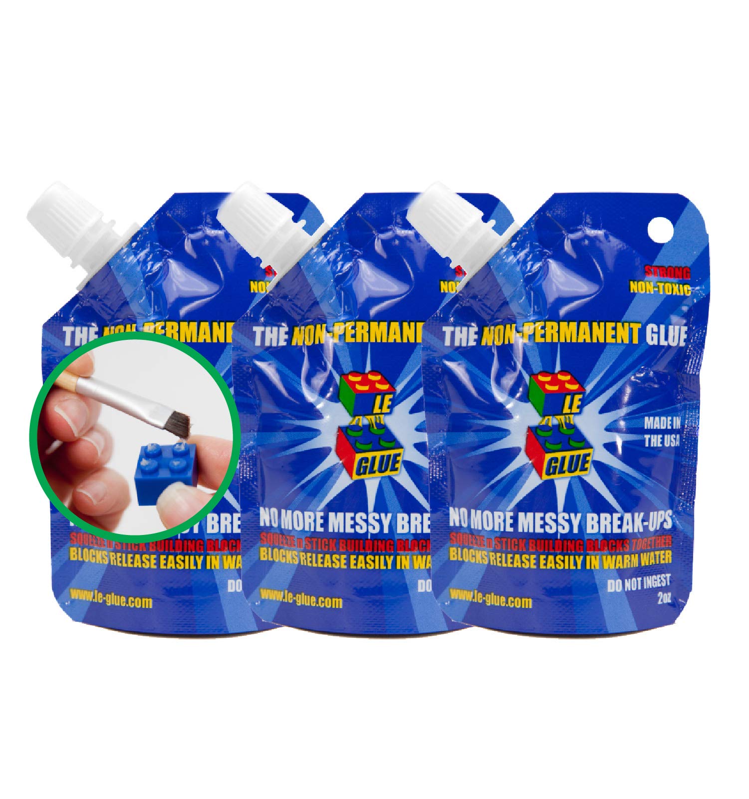 Le-Glue Temporary Adhesive - 3 Pack, Clear, Non-Toxic, Safe for Kids, Ideal for Plastic Building Blocks