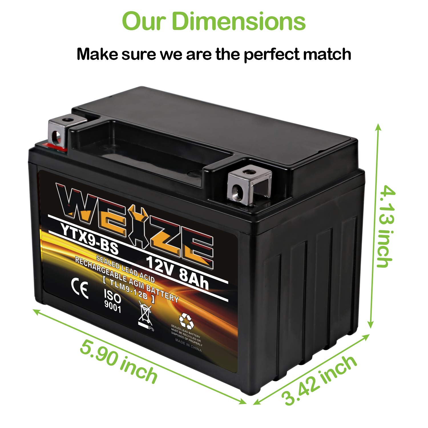 WEIZE YTX9-BS Maintenance-Free Battery for Motorcycle & ATV, 2 Pack, Compatible with Honda, Polaris, Suzuki