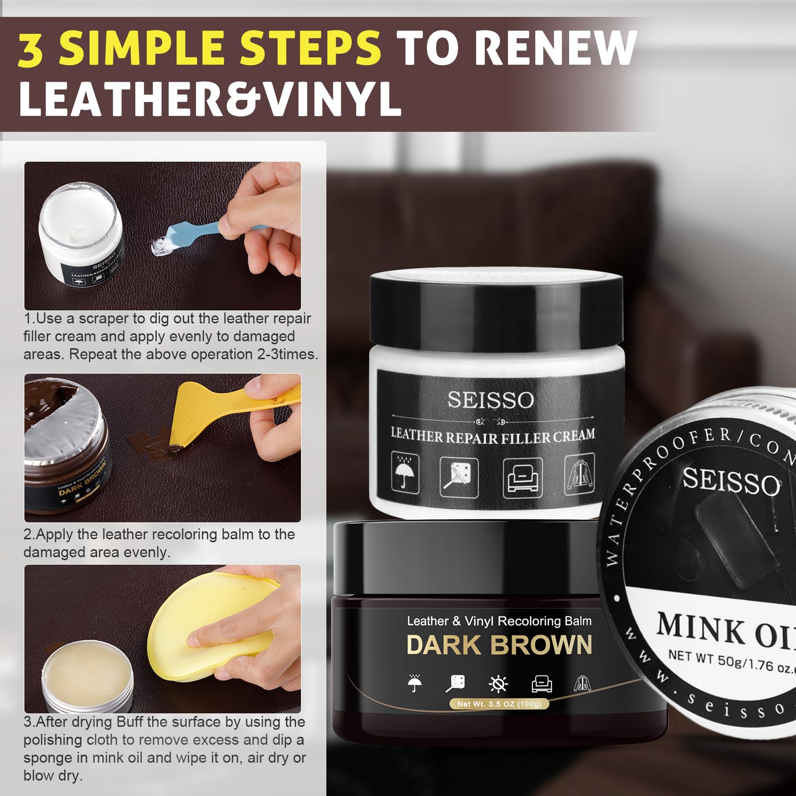 SEISSO Leather Repair Kit for Furniture, Dark Brown Vinyl Repair Kit with Mink Oil Car Interior Leather Recoloring Balm for Scra