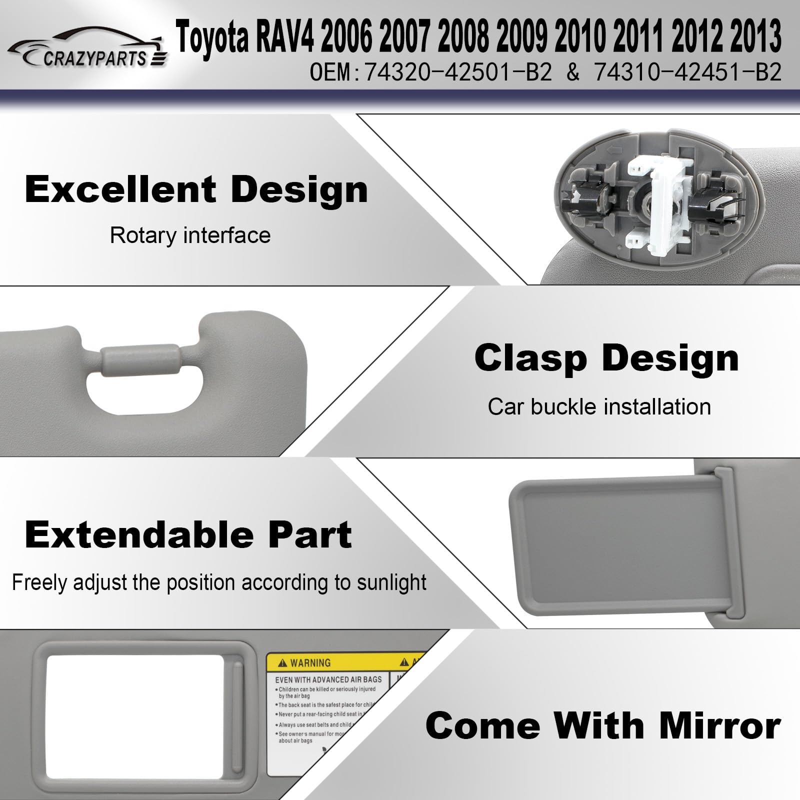 Driver Left & Passenger Right Side Sun Visor Compatible With Toyota Rav4 2006 2007 2008 2009 2010 2011 2012 2013 With Light Repl