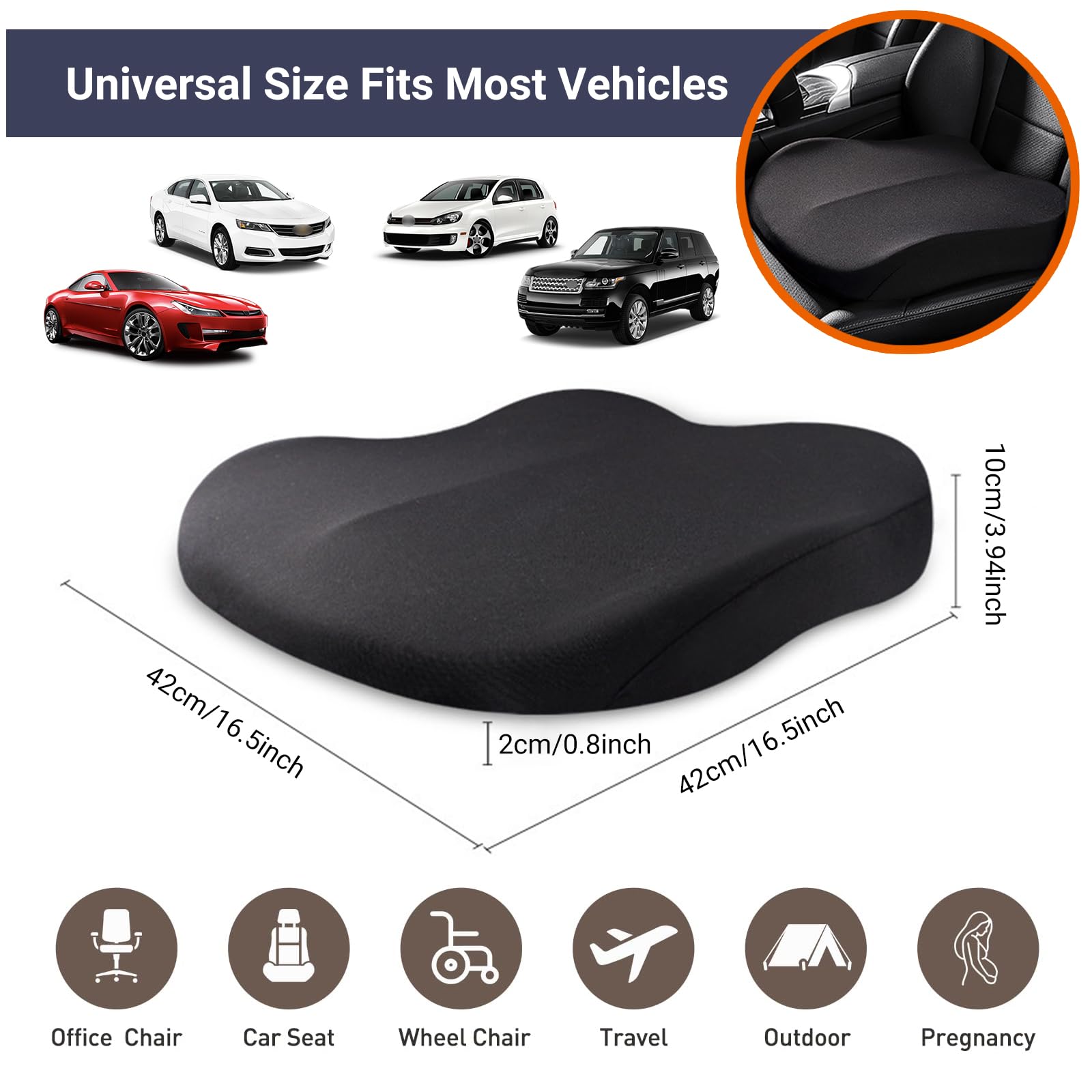 Putniu Adult Booster Car Seat Cushion - Wedge Memory Foam Pad, Increases Height by 3.94", Black, Model A1 - Ideal for Long Trips