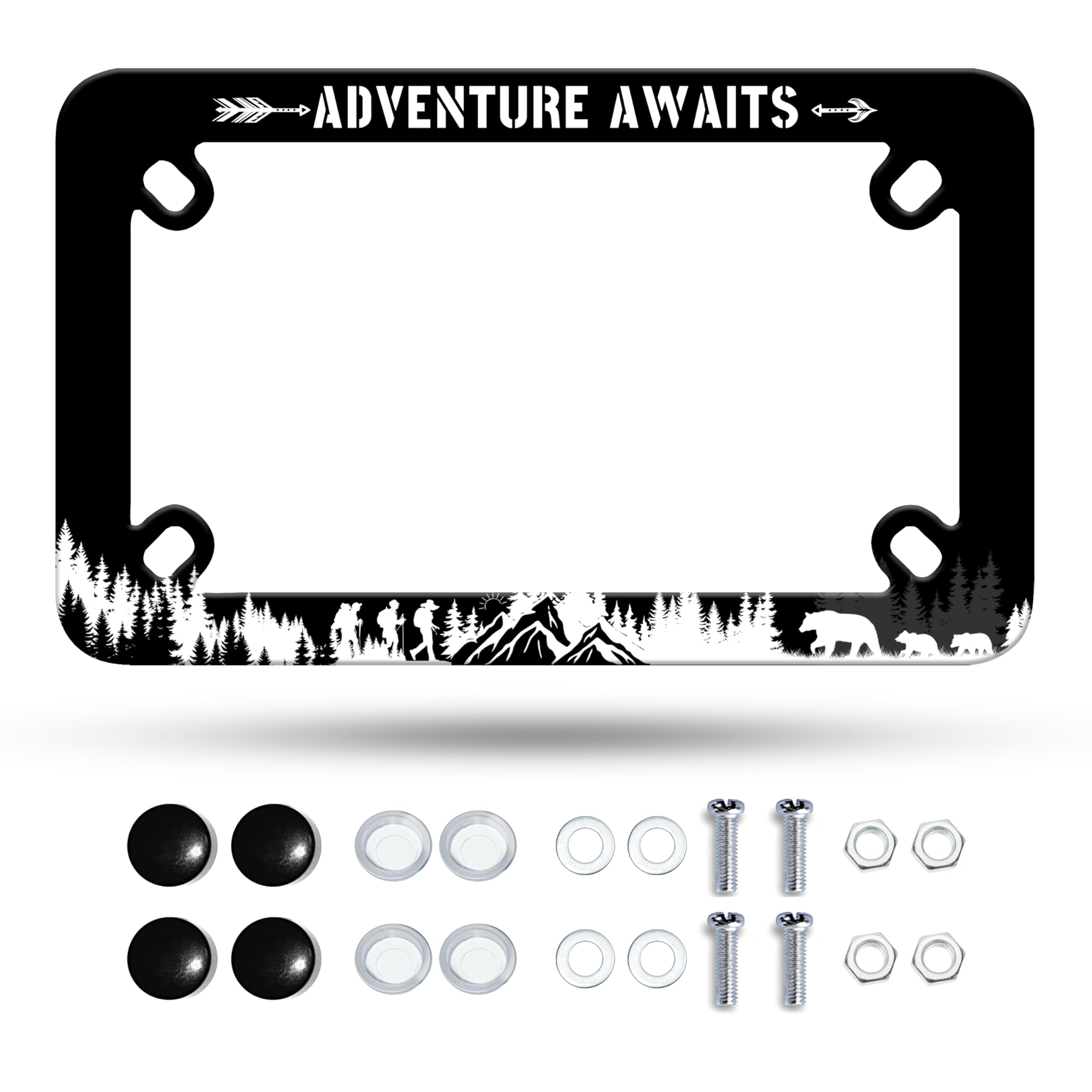 Motorcycle Adventure Awaits License Plate Frame Mountain Hiking Bear Stainless Steel Material Funny Motorbike License Plate Hold