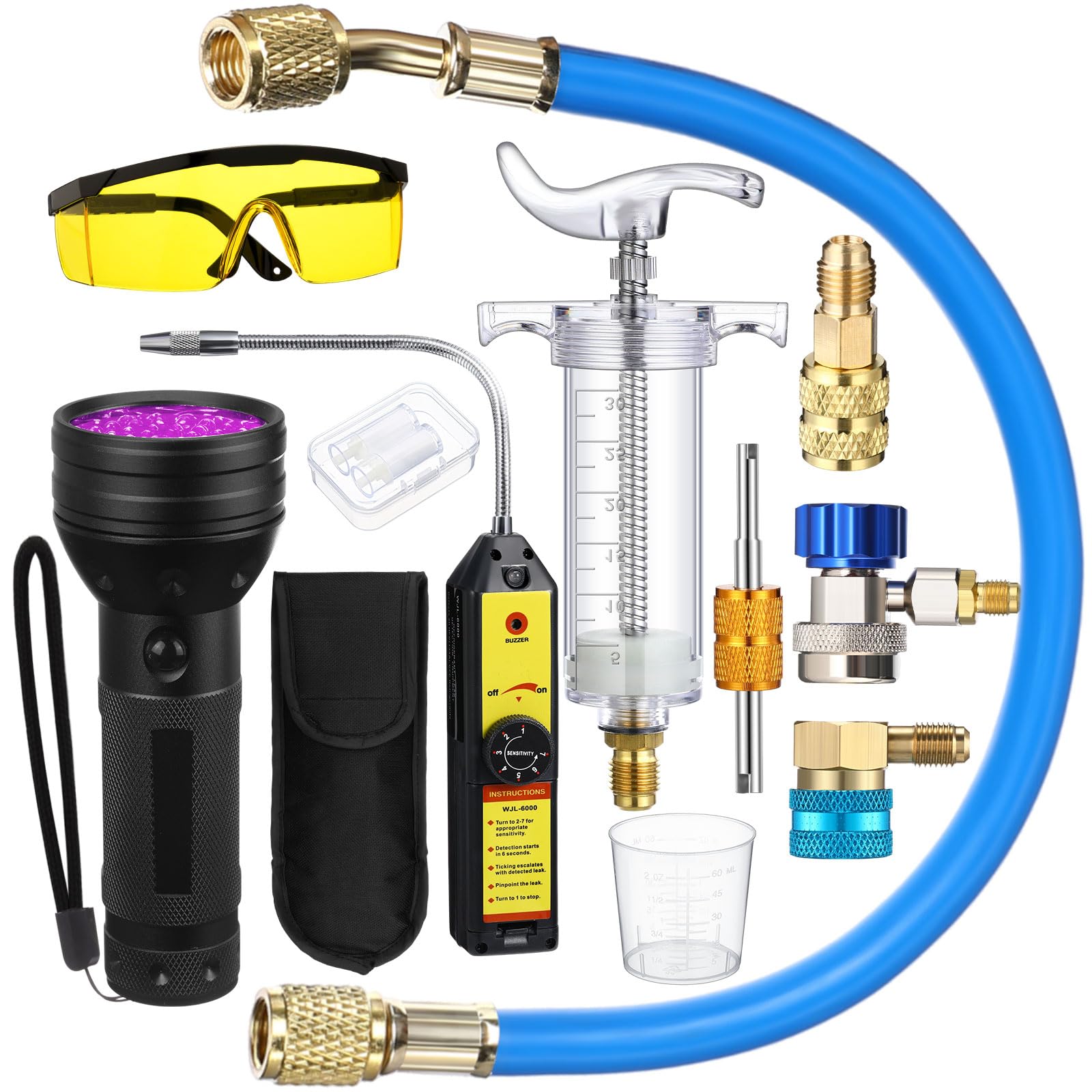 Tellegloww 8 Pcs Leak Detector Kit R1234yf R134a R410a Hand Push Compressor 1oz/30ml Oil UV Dye Injector Kit Refrigerant Leak De