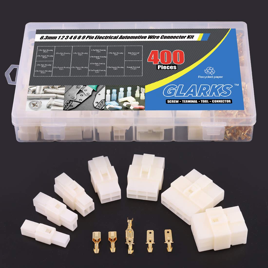 Glarks 400Pcs 6.3mm 1 2 3 4 6 8 9 Pin Electrical Automotive Wire Connector Male Female Socket Plug and Pin Header Crimp Wire Ter