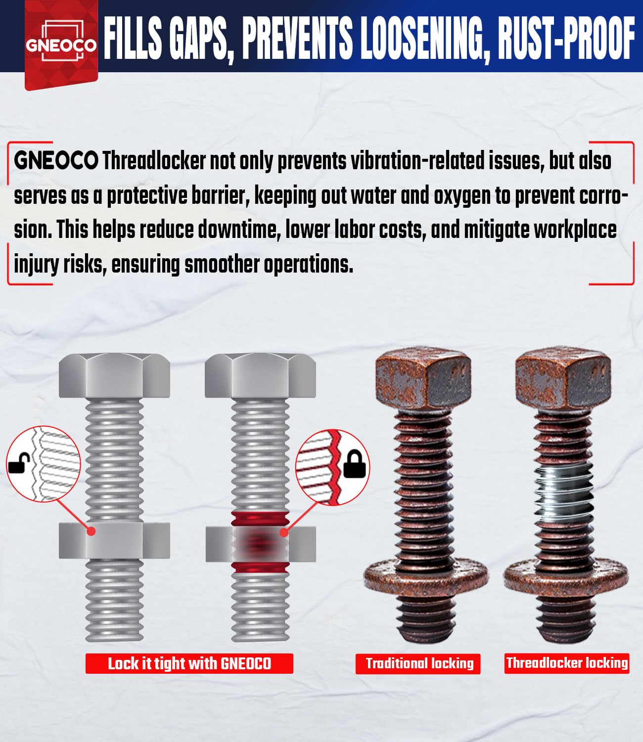 GNEOCO ThreadLocker Red 271, High Strength Lock Tight, 1.69 Fl oz, Anaerobic Metal Glue for Nuts, Bolts, and Fasteners