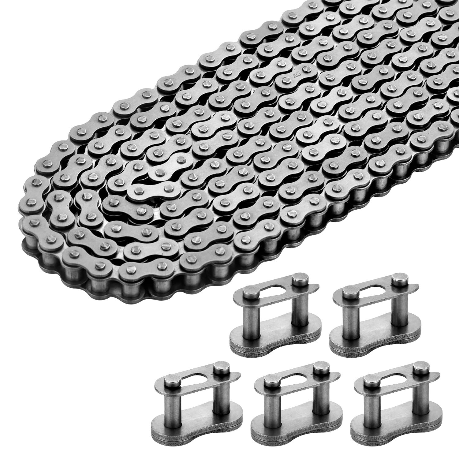 Belleone #40 Roller Chain - 10 Feet Carbon Steel Chain with 5 Connecting Links for Go Karts, Mini Bikes, ATVs, and More