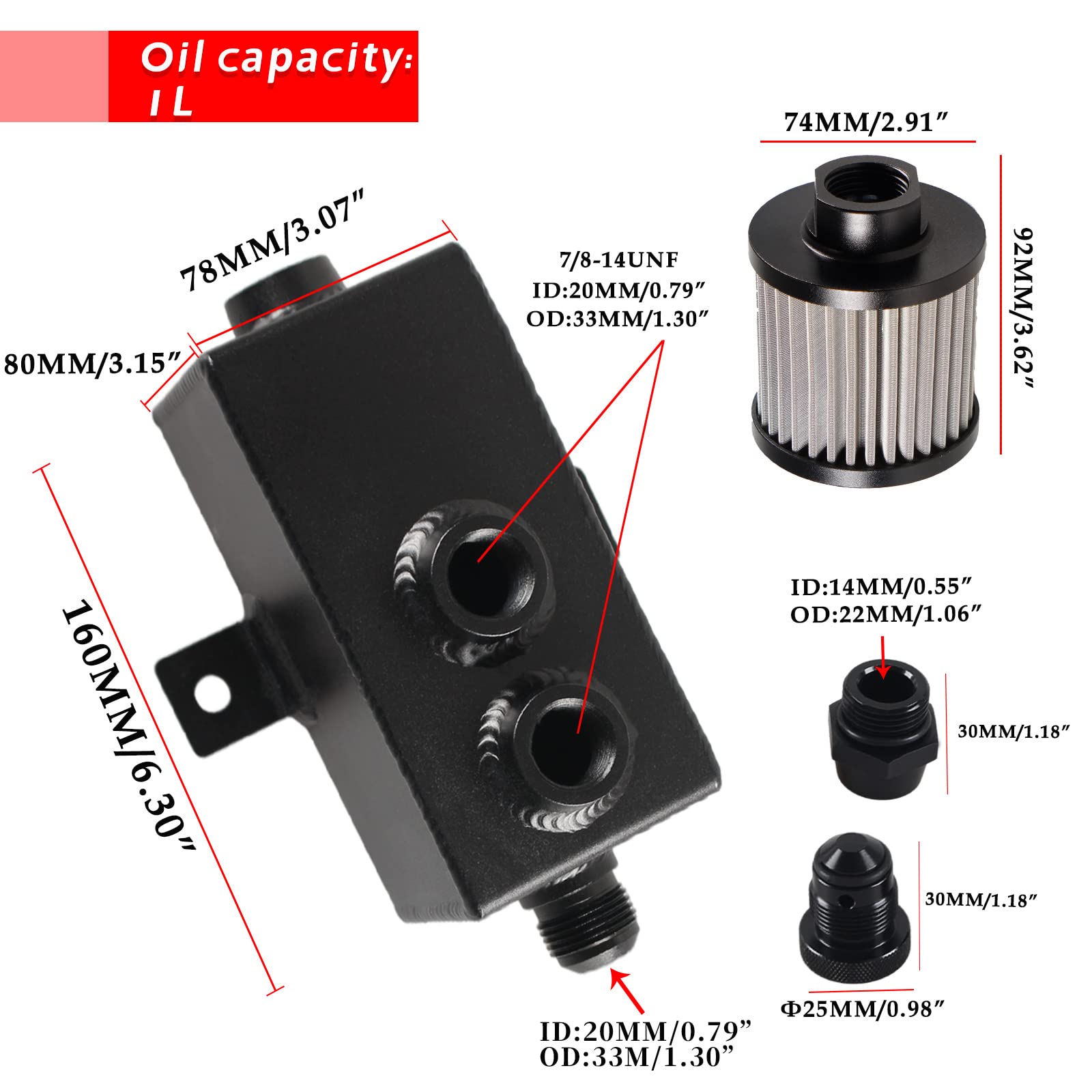POSENG Universal 10AN Oil Catch Can Tank Baffled 1L with Filter Aluminum Black
