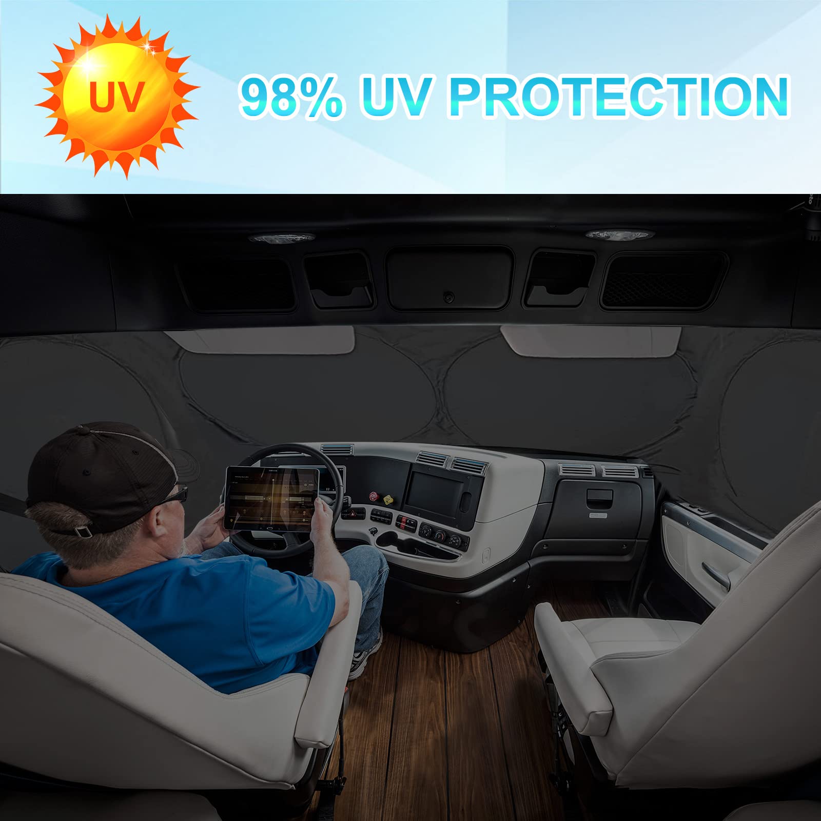 Semi-Truck Sun Shade For Windshield And Side Window | 300T Sunshade Maximum Coverage | Block Sun Heat Rays | Keep Warm In Winter