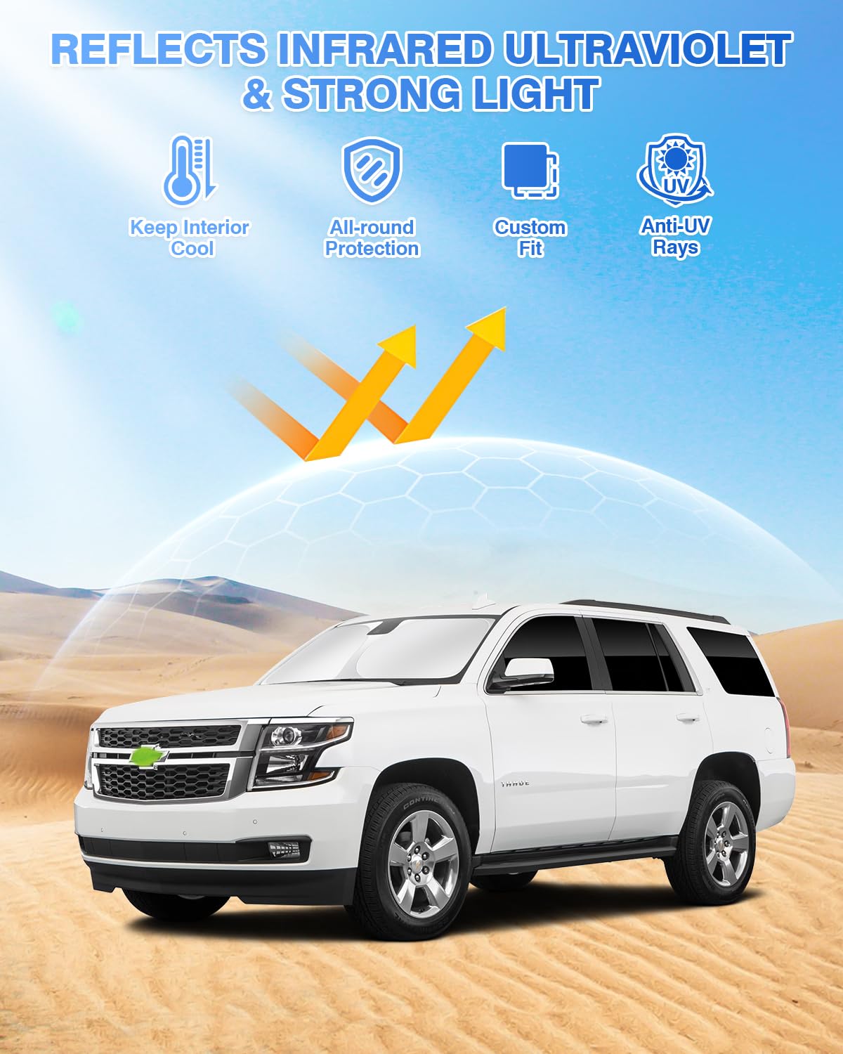 Canvcle Windshield Sun Shade for Chevy Tahoe 2015-2020, Black, 8PCS, Polyester Privacy Protection