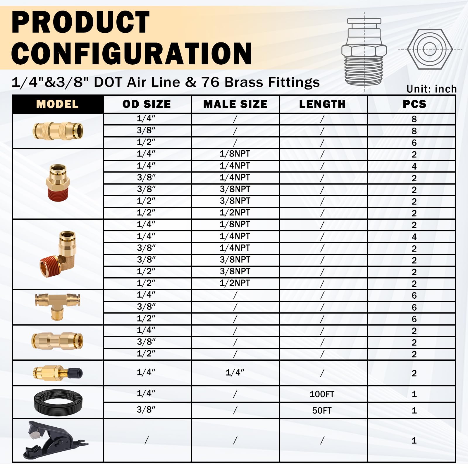 CheeMuii Brass DOT Air Line Fittings Kit, 76 PCS with 100FT 1/4" & 50FT 3/8" Tubing, Quick Connect, Gold
