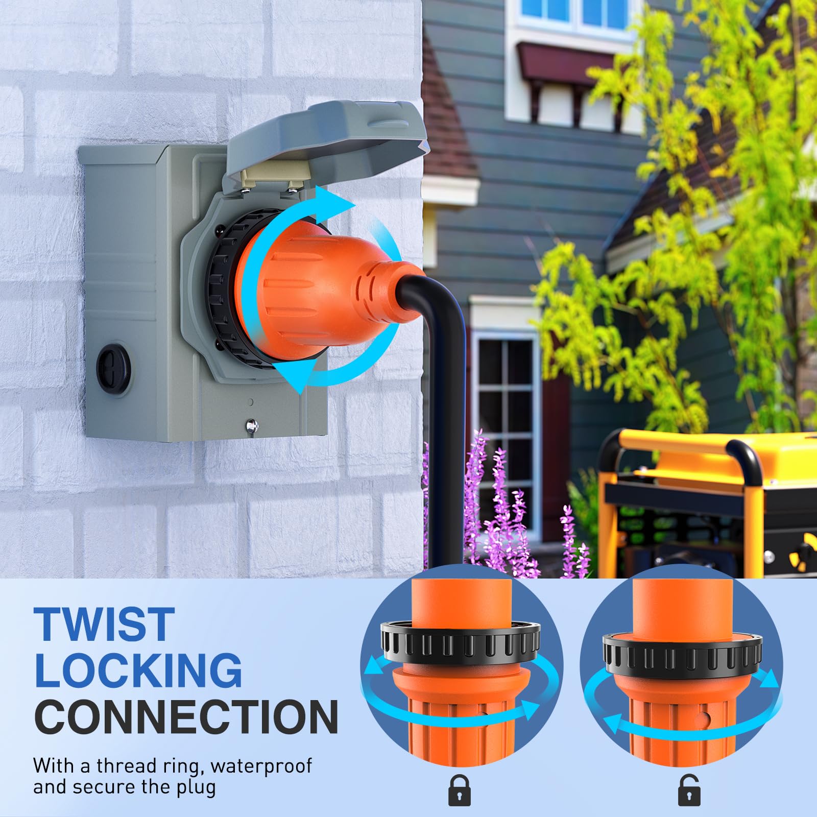Nilight 30A 15Ft Generator Extension Cord Power Inlet Box With Locking Connector 125/250V 7500W 10 Gauge Stw Etl Listed 4 Prong