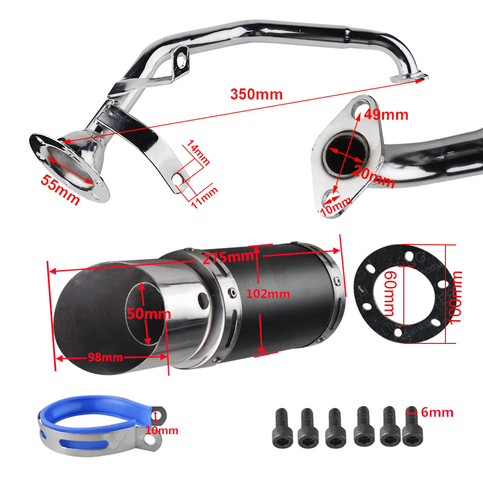 FLYPIG GY6 150cc Muffler Exhaust Pipe Kit - Alloy Steel, Black, Compatible with GY6 125cc/150cc/152QMI/157QMJ ATV/S