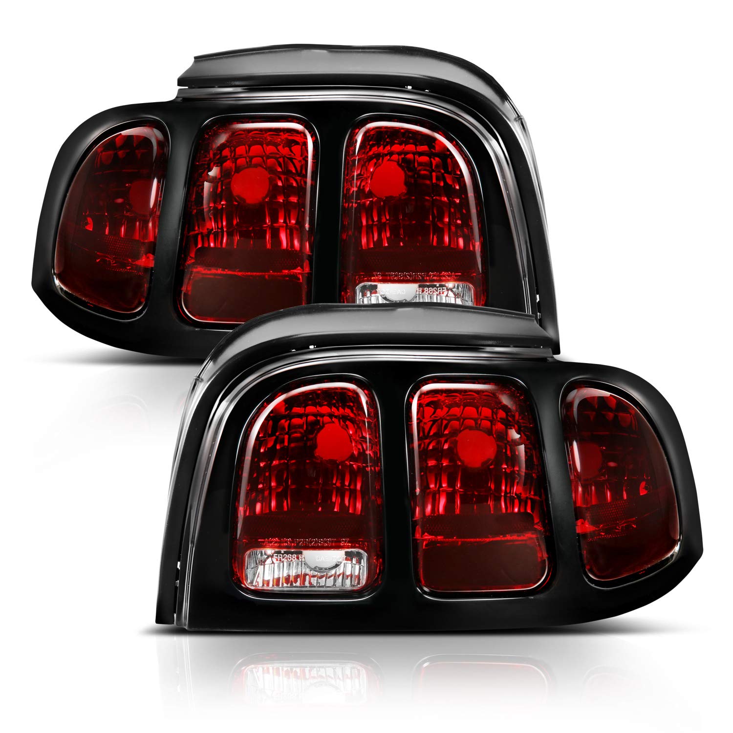AmeriLite Brake Tail Lights Set for 1994-1998 Ford Mustang - Black Housing, Dark Red OE Style, Driver & Passenger Side