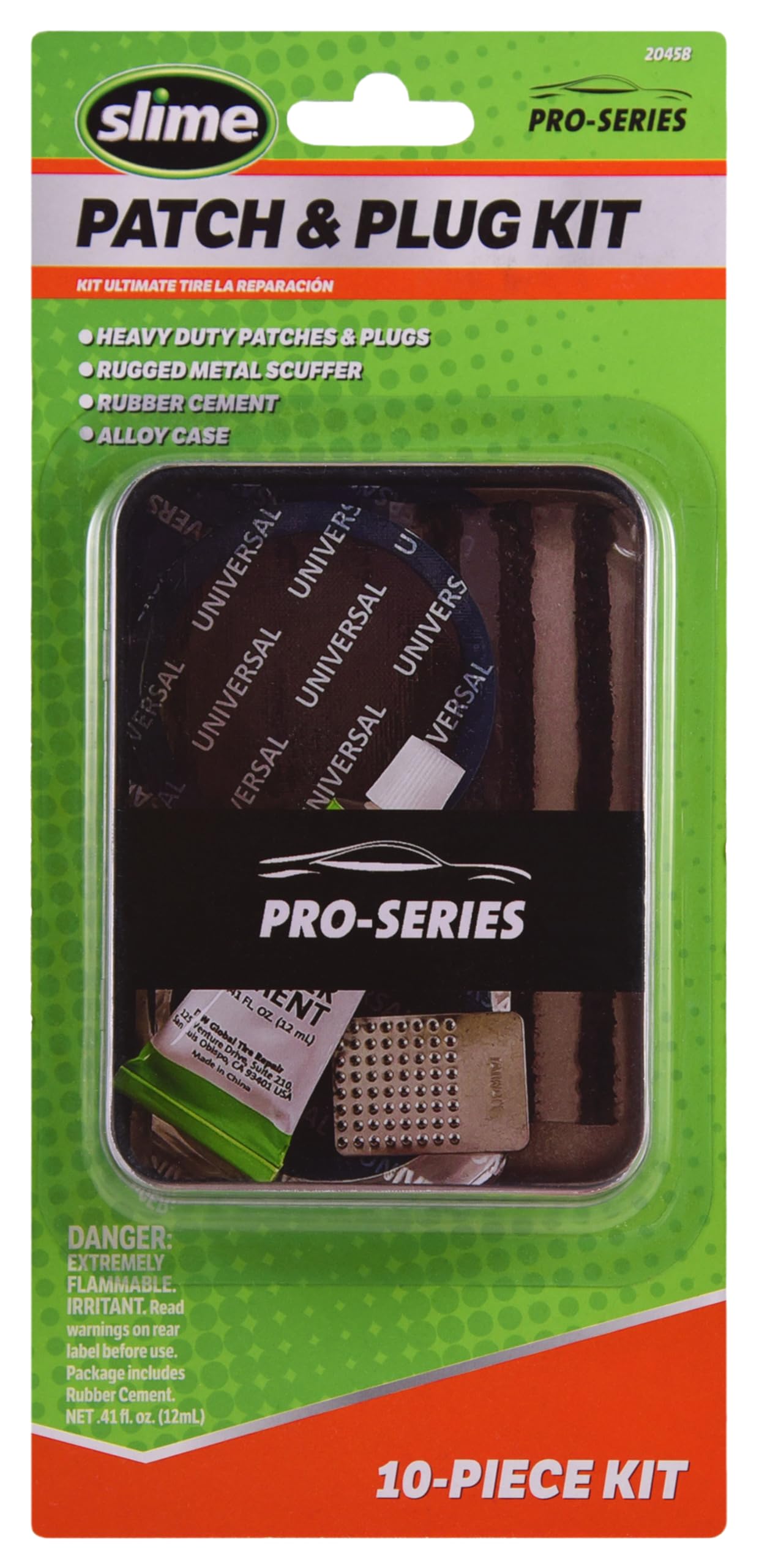 Slime 20458 Tire Repair Patch & Plug Kit, Pro-Series, Storage Tin, 10-Pieces