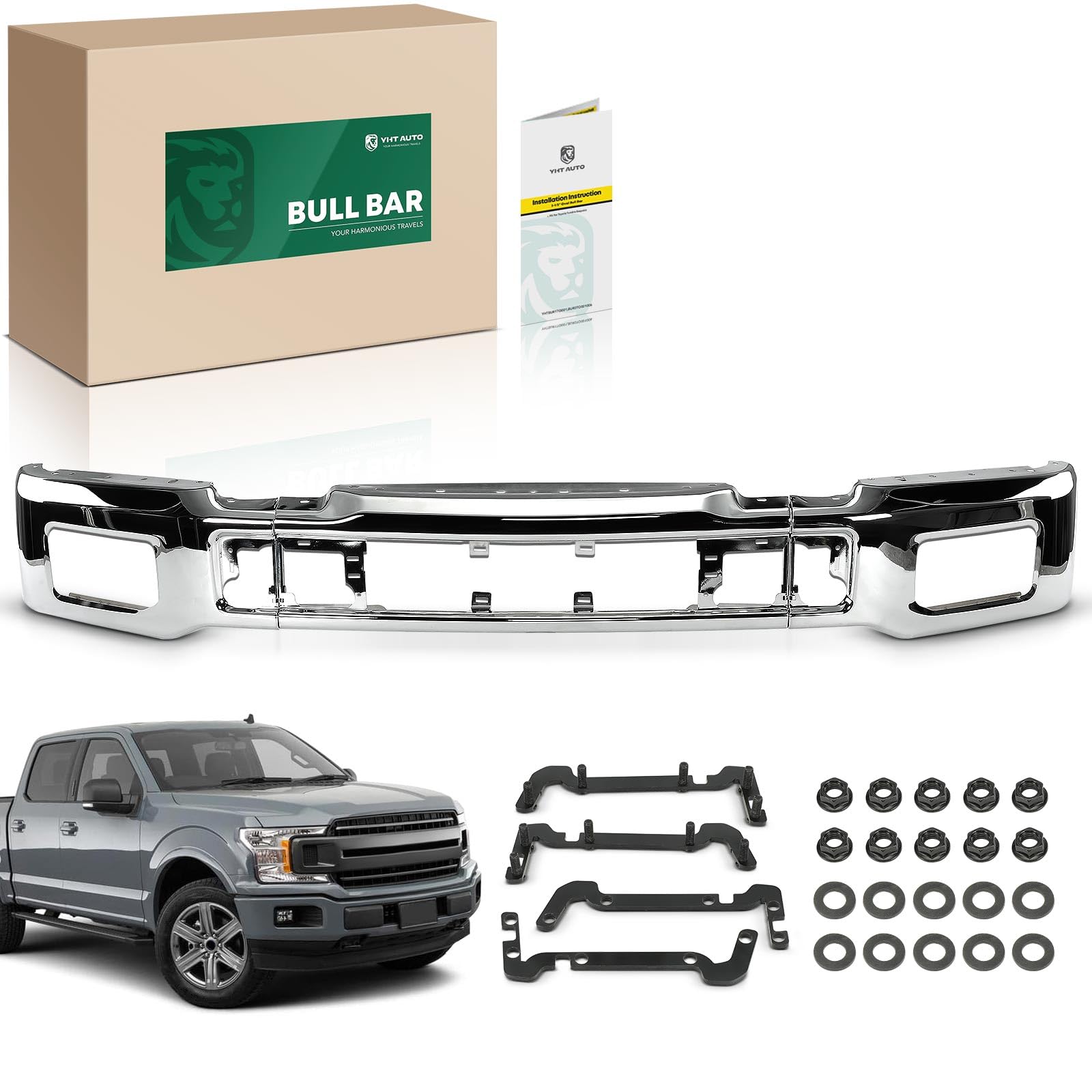YHTAUTO Front Bumper Face Bar Compatible with Ford F-150 2018 2019 2020, Not Fit Raptor Model, with Fog Light Holes, Steel Chrom