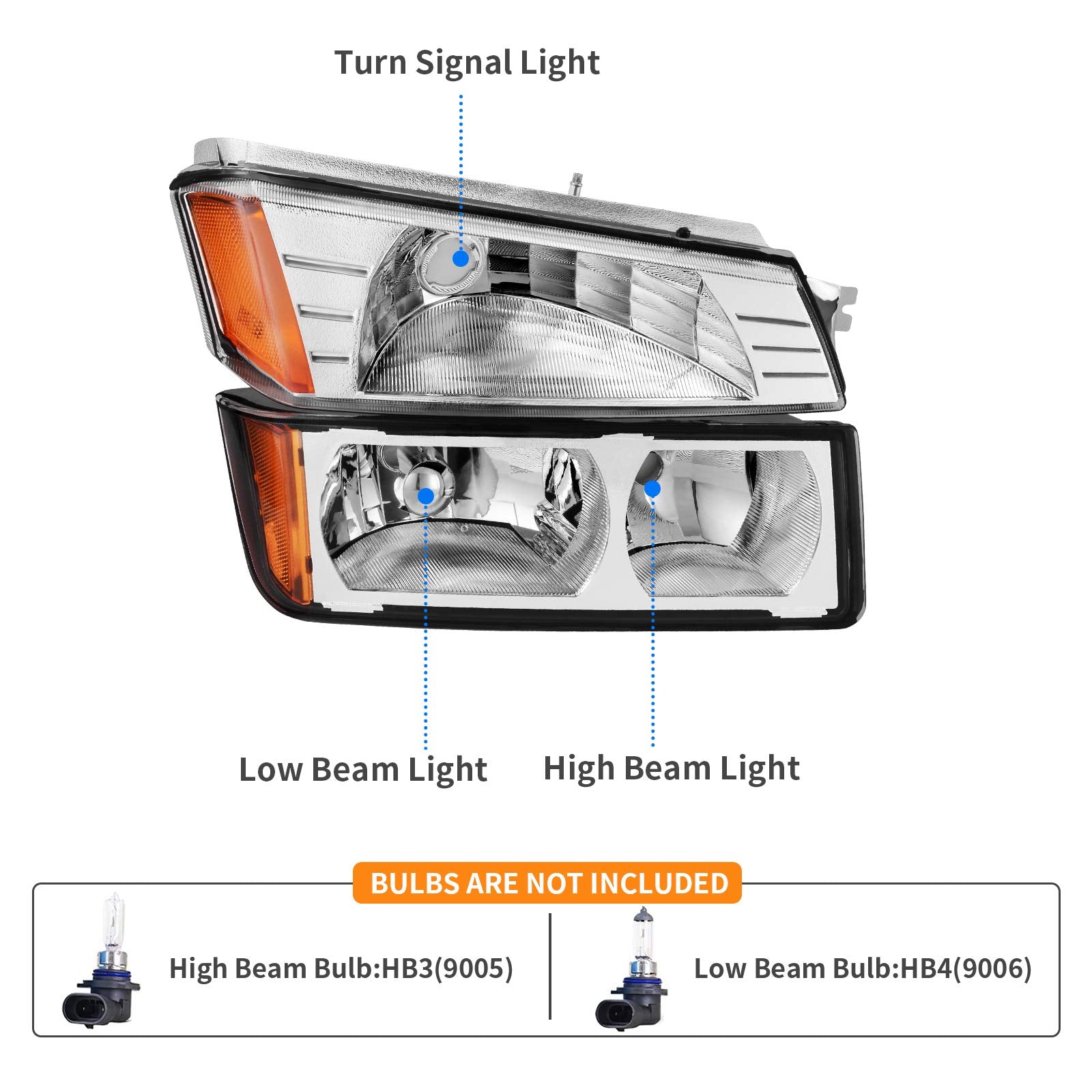 Dwvo Headlight Assembly Compatible With 2002 2003 2004 2005 2006 Chevy Avalanche With Body Cladding Chrome Housing Amber Refleto
