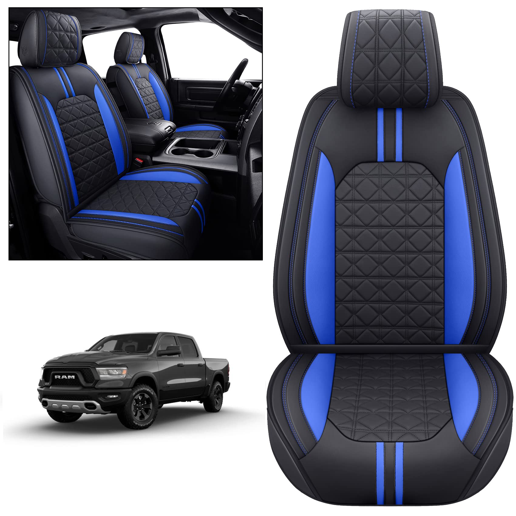 Yiertai For Dodge Ram Seat Covers Fit 2009-2025 1500/2500/3500Hd Pickup Crew Double Cab Quad Cab Laramie Long Horn Rebel Tradesman Waterproof Leather Seat Cover(2 Pcs Front Only/Black-Blue)