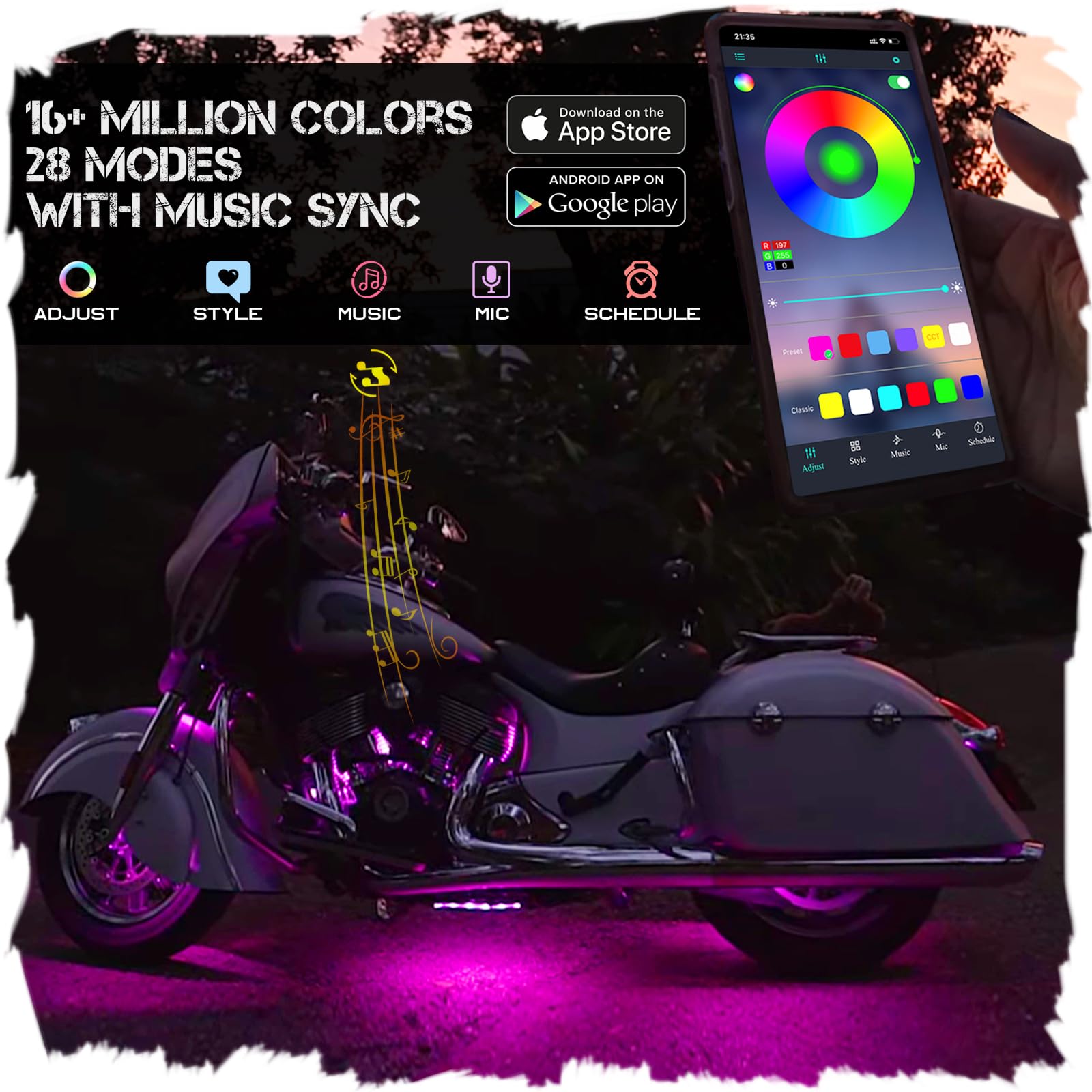 JJunLiM 12PCS Motorcycle Underglow LED Strip Light Kit Waterproof RGB Neon Accent Light Ground Effect Atmosphere Light Strips DC