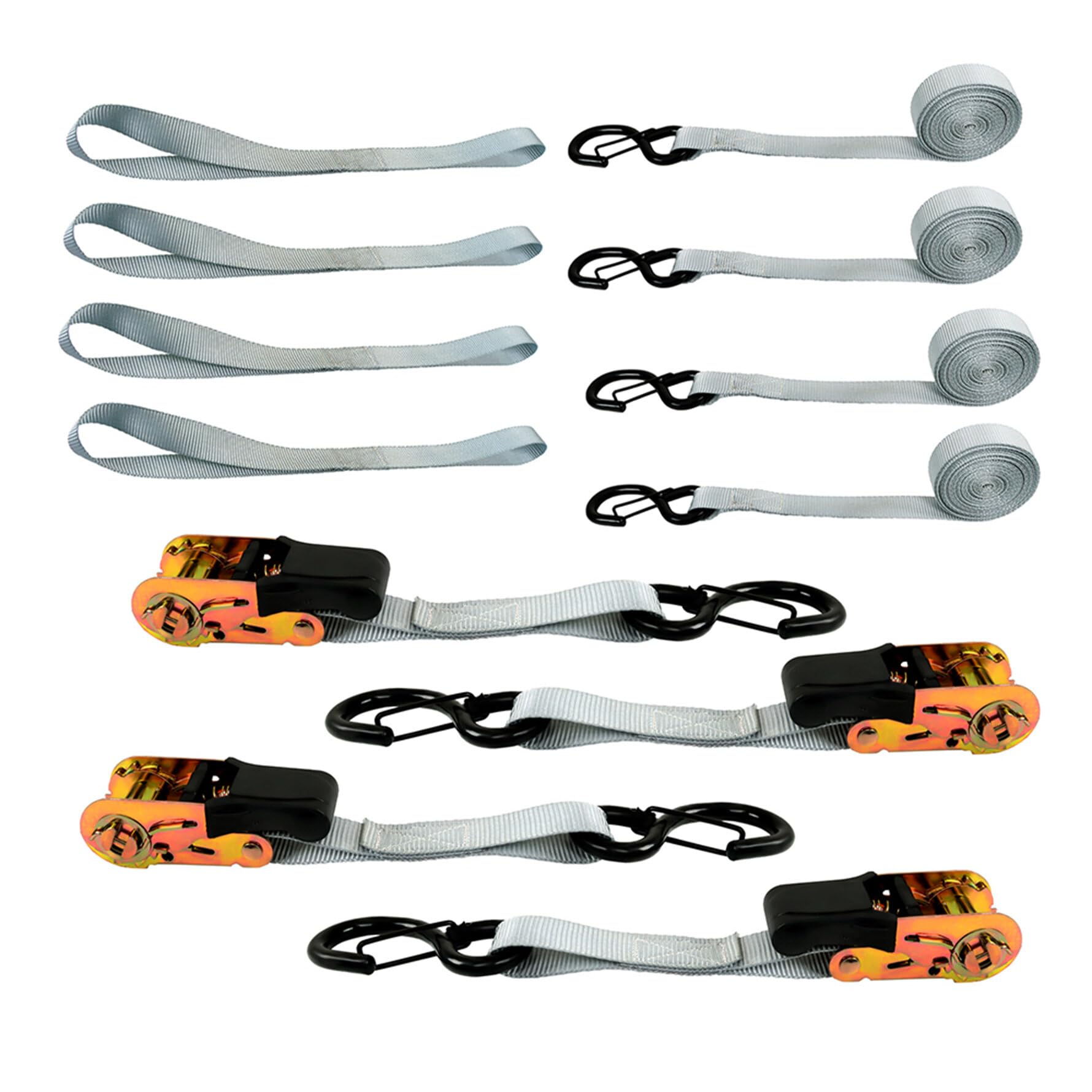 4PCS Silver S-Hooks Ratchet Tie Down Strap Kit 2200 Lbs Breaking Strength with Soft Loops and Storage Bag Replacement for Carria