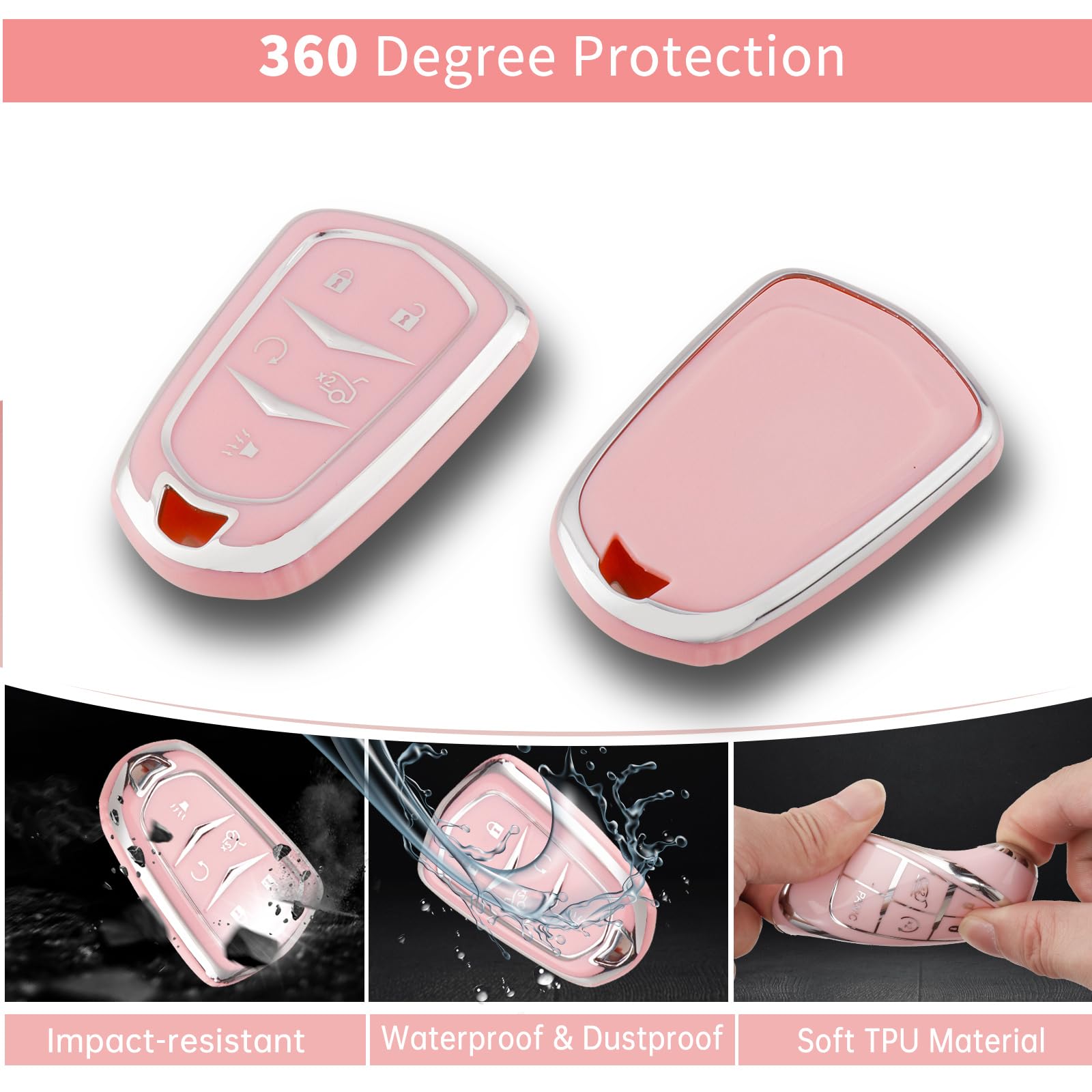 Pangpai Pink Car Accessories 3 Pcs For 5 Buttons Cadillac Escalade Cts Srx Xt5 Ats Ct6 Key Fob Cover With Bling Keychain Cute Pu
