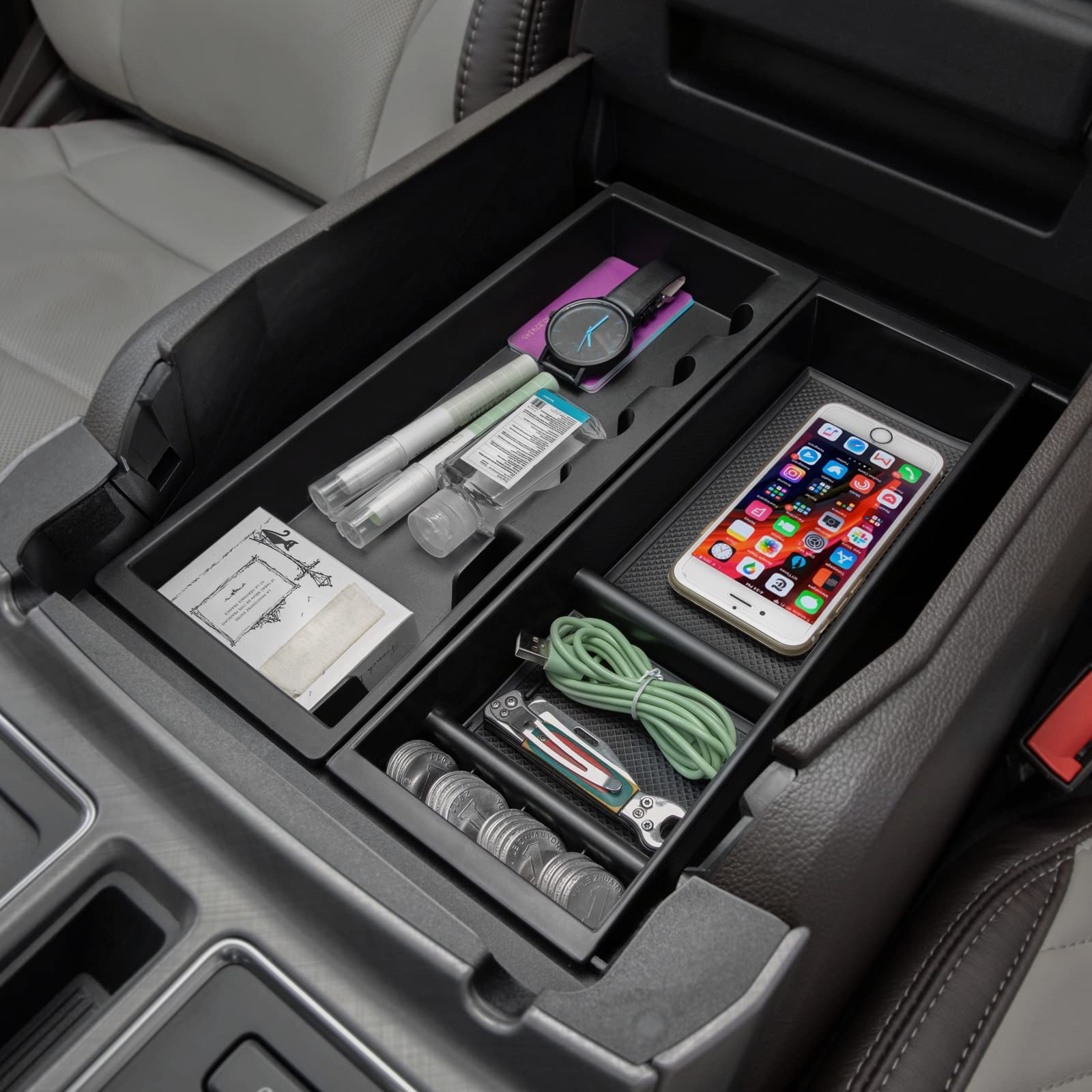 PIMCAR Center Console Organizer for Ford F150 2021-2023, ABS Plastic, Half-Tray Black, Model 20211028