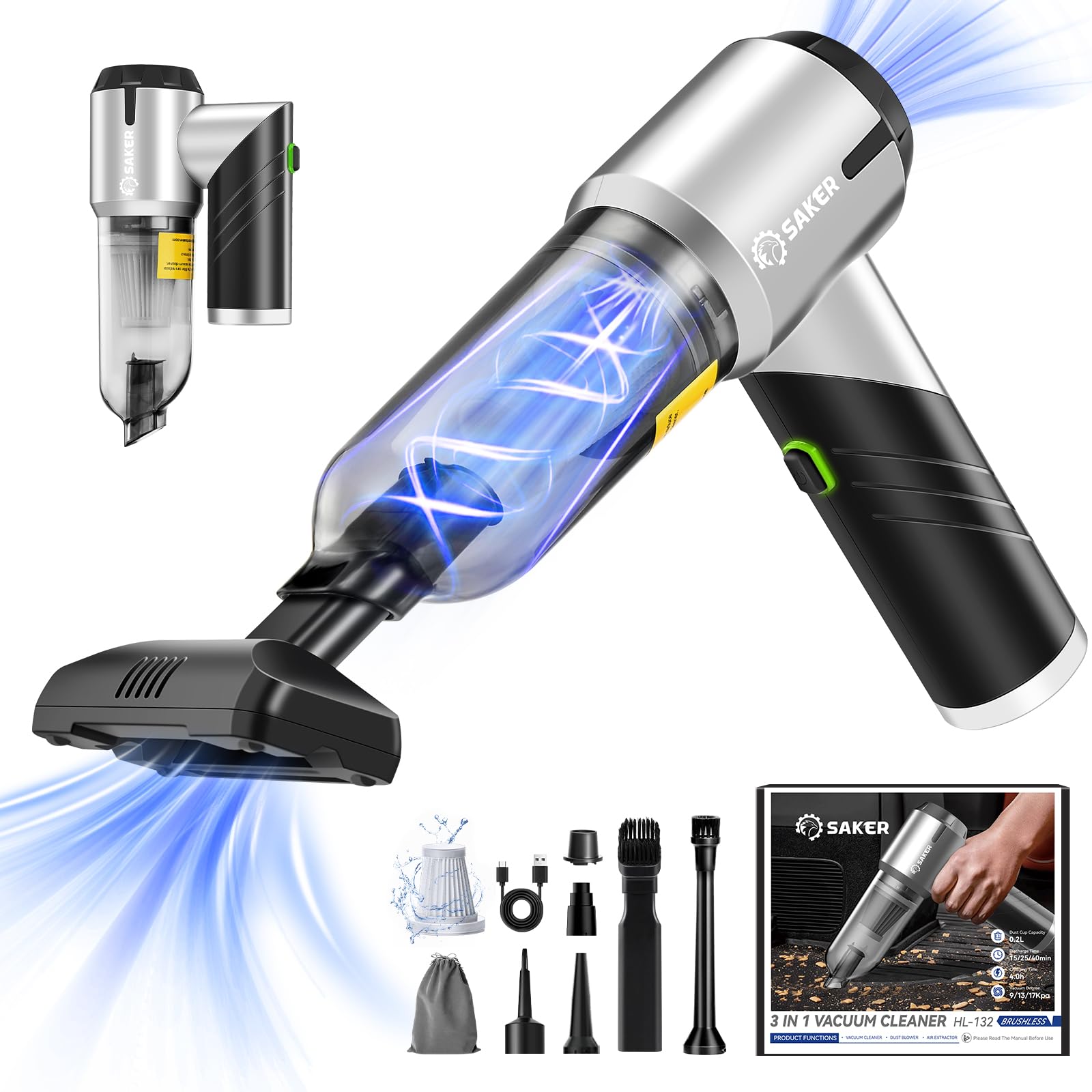 Saker Handheld Car Vacuum Portable Cordless17000PA Mini Vacuums Rechargeable Foldable Vacuum Cleaner with Brushless Motor for Ho