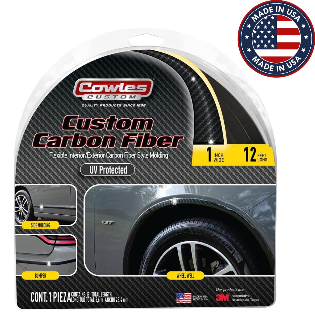 Cowles 12 ft Carbon Fiber Style Molding - 1 in Wide Flexible PVC for Car/Truck/SUV/RV, Model S37795, Attaches with 3M Tape
