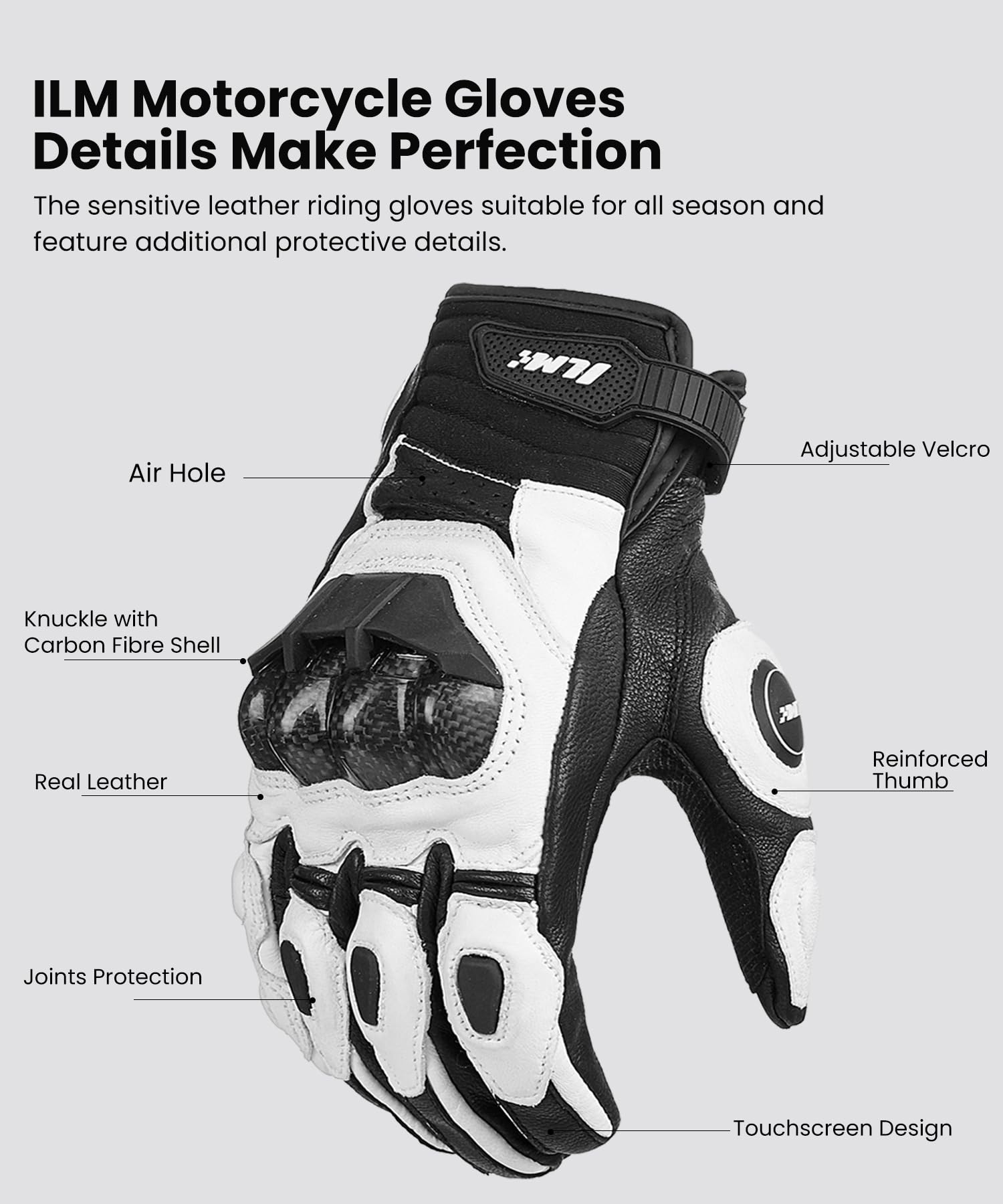 Ilm Air Flow Leather Motorcycle Gloves Touchscreen For Men And Women Model-Grc01 (Xxl, White)