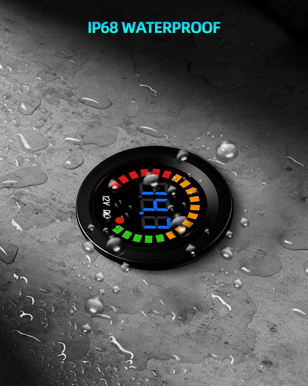 Waterproof DC 12V Voltage Meter, LED Digital Display Voltmeter Gauge Panel, Round Battery Monitor with Wires & Terminals & Srews