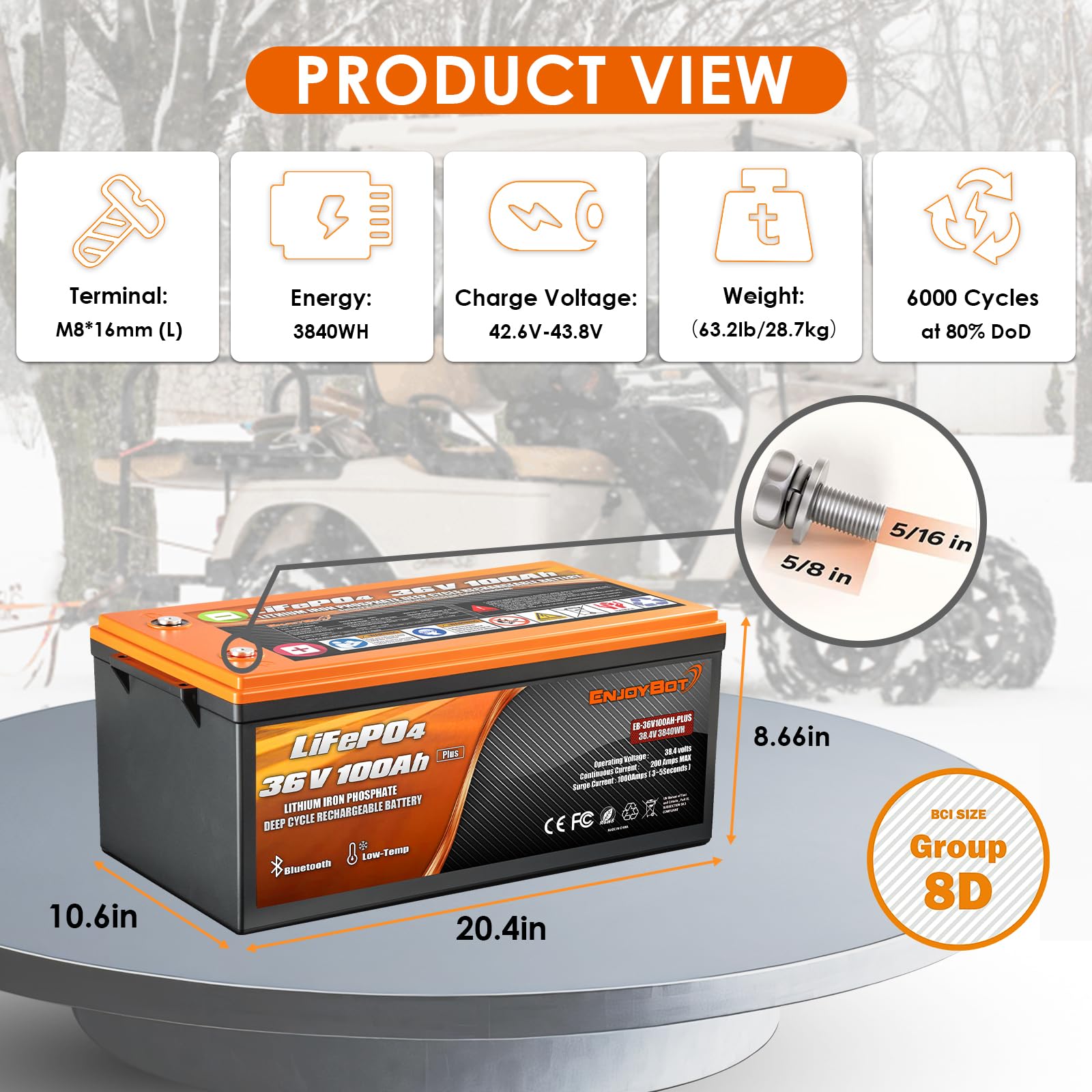 Enjoybot 36V 100Ah Plus Lithium Golf Cart Battery Kit with 200A BMS, Bluetooth, Low Temp Cut-Off, 6000+ Cycles