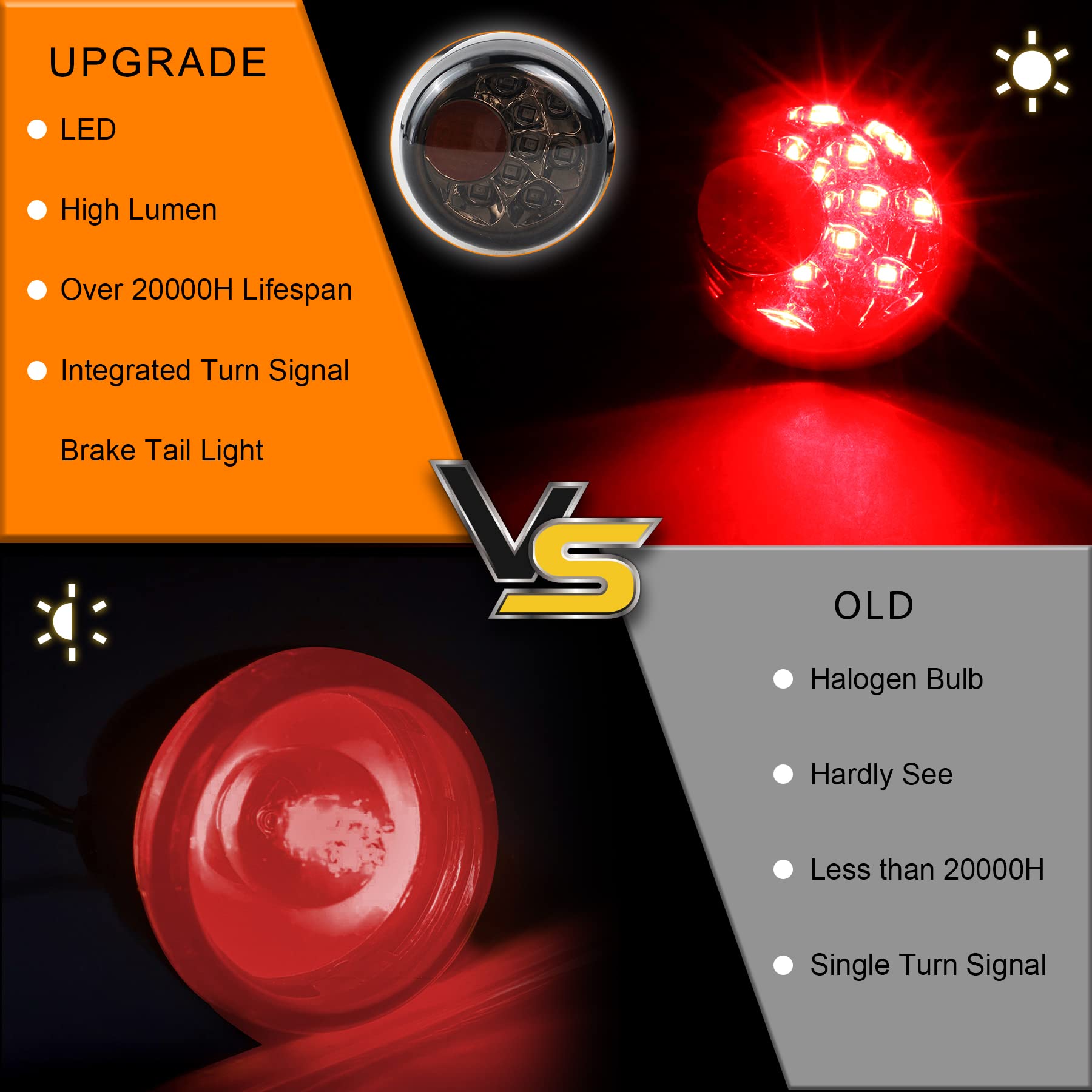 NTHREEAUTO Smoked Bullet LED Turn Signals & Brake Light for Harley Sportster XL 883 1200 (1992-2019) - Aluminium Alloy, White/Yellow