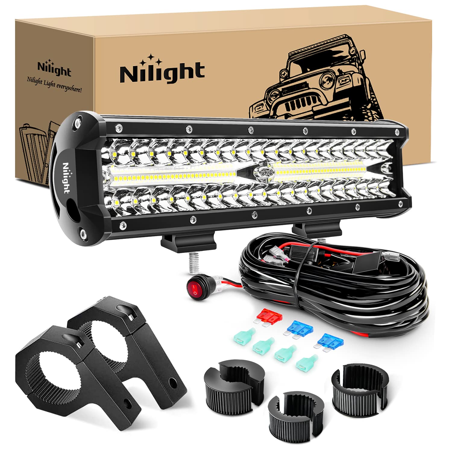 Nilight 12 Inch 300W Led Light Bar Triple Row Flood Spot Combo, Aluminum Housing, Ip67 Waterproof, 30000Lm, 2 Years Warranty