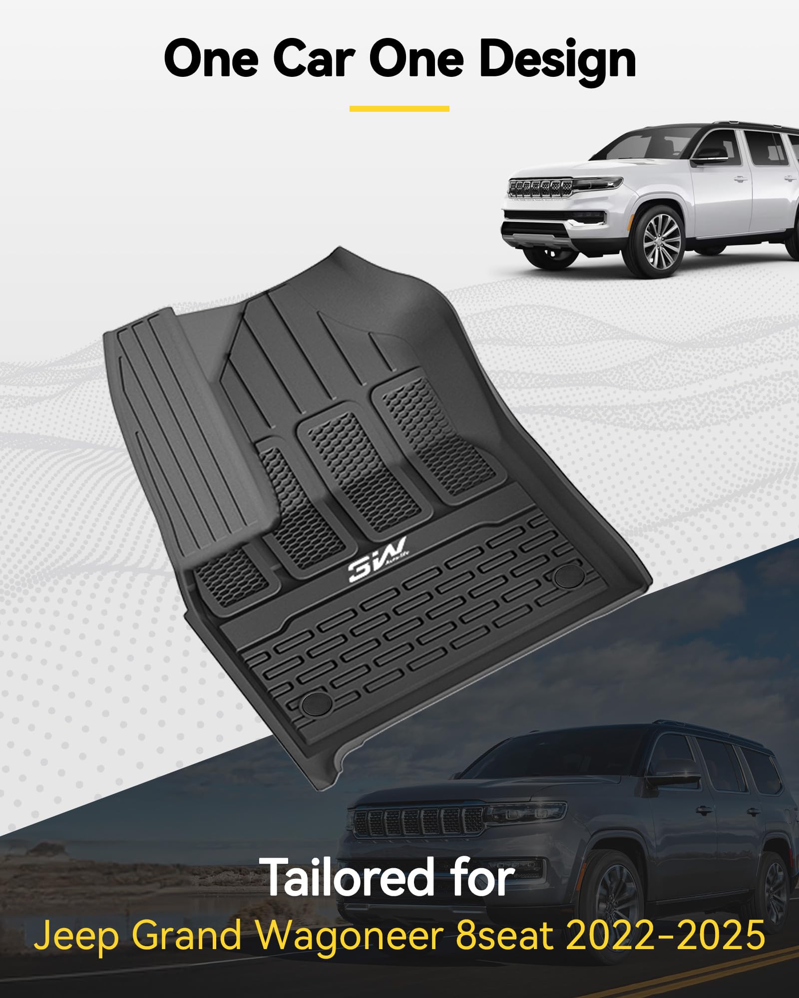 3W Cargo Liner Compatible With Jeep Grand Wagoneer(Non L) 2022-2024 2025 7 Passenger Model All Weather Custom Fit Black Trunk Ma