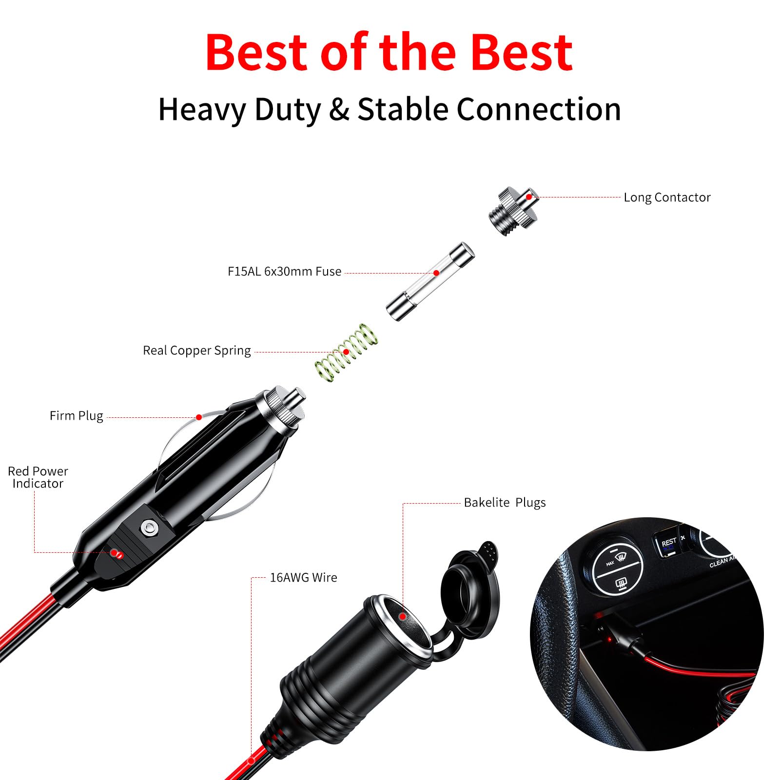 KEWIG 12/24V Car Cigarette Lighter Extension Cord - 13FT Cigarette Lighter Plug Cable- 16AWG Heavy Duty Extension Cable with 15A