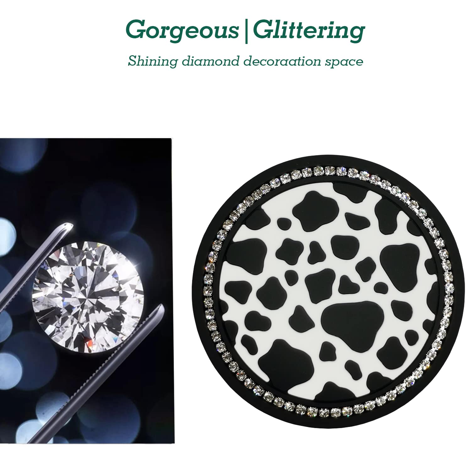 2Pcs Bling Cow Print Car Accessories For Women, Universal Auto Cute Anti Slip Cup Holder Insert Coaster