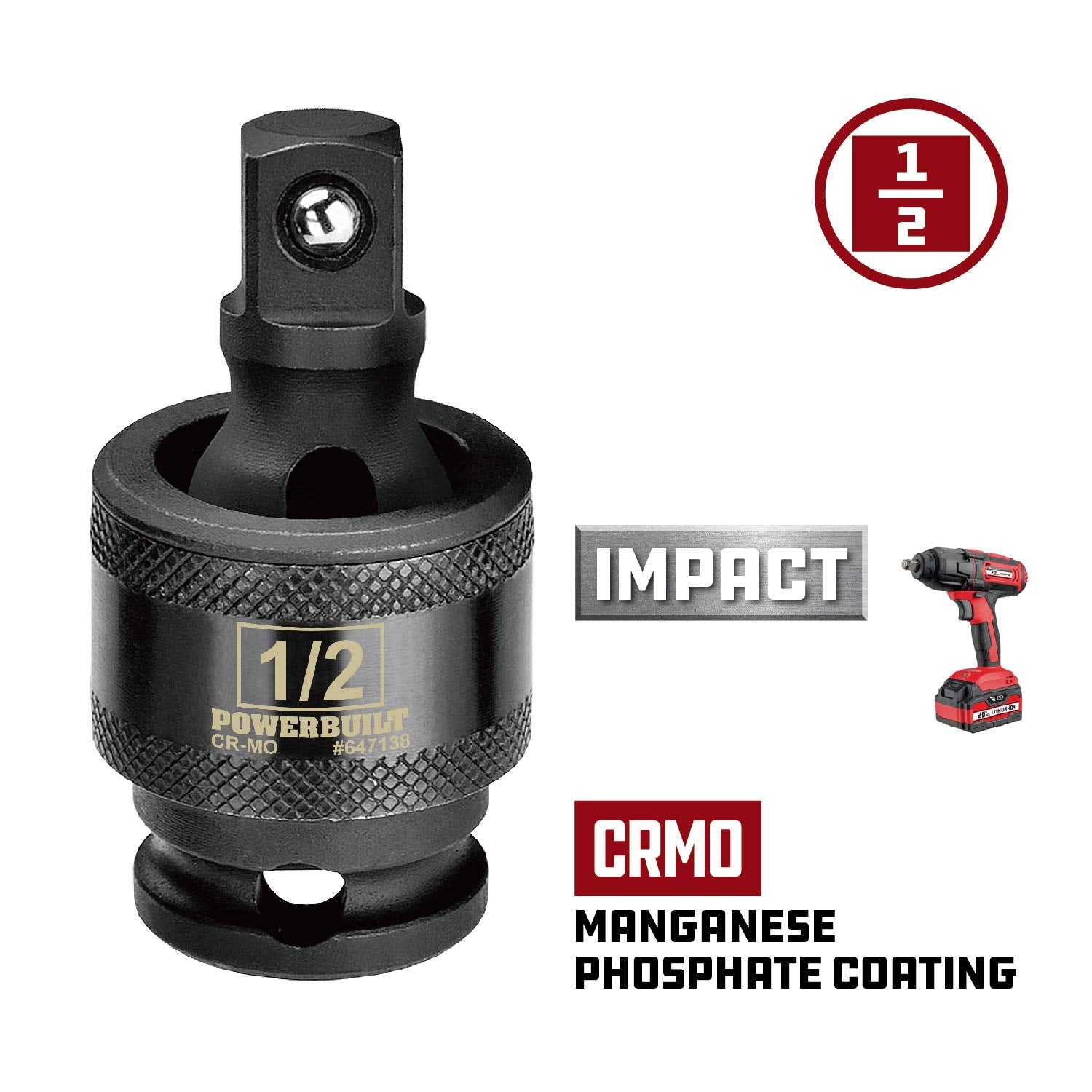 Powerbuilt 1/2-Inch Drive Impact Universal Joint, Chrome Moly Steel - 647138, Black