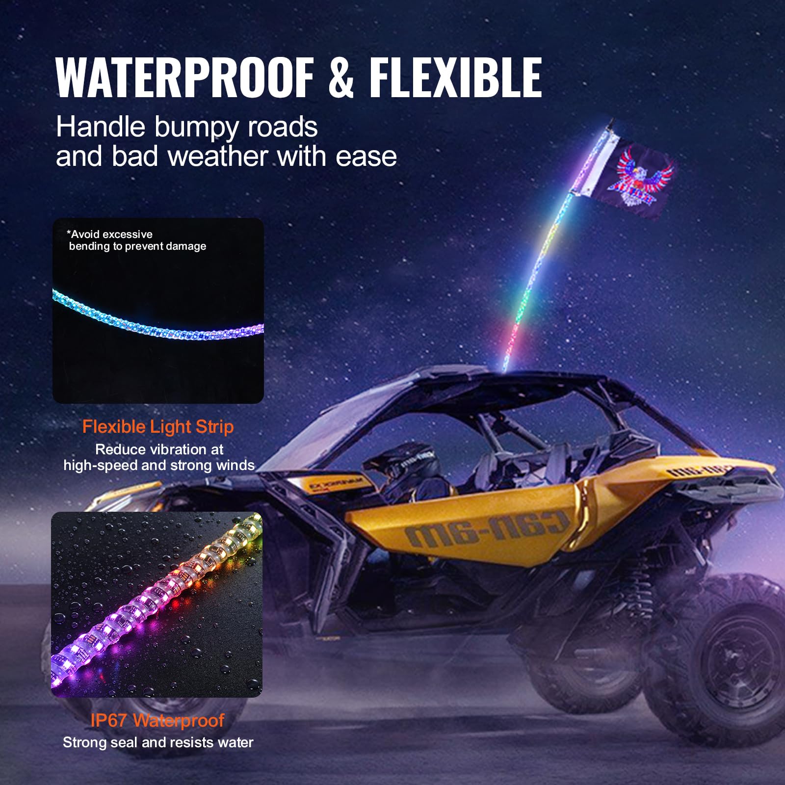 VEVOR 4 FT RGB Whip Lights with APP & RF Remote, Waterproof Polycarbonate, Model WM-31120RGB-XC-CR-2, for UTVs, ATVs,