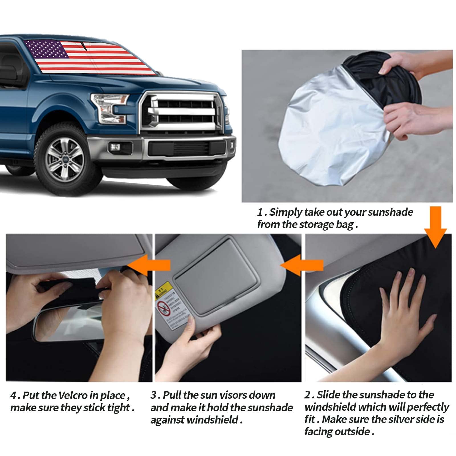 Moricere Upgrade Windshield Sun Shade With Usa Flag For Ford F150 2015-2020, Foldable Windshield Sun Visor Blocks Uv Rays