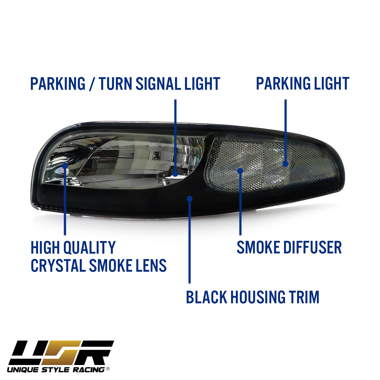USR DEPO Vette C5 Turn Signal Lights Set - Front Bumper Lamps (Left + Right) for 1997-2004 Chevy Corvette C5, Black Housing, Smoke Lens
