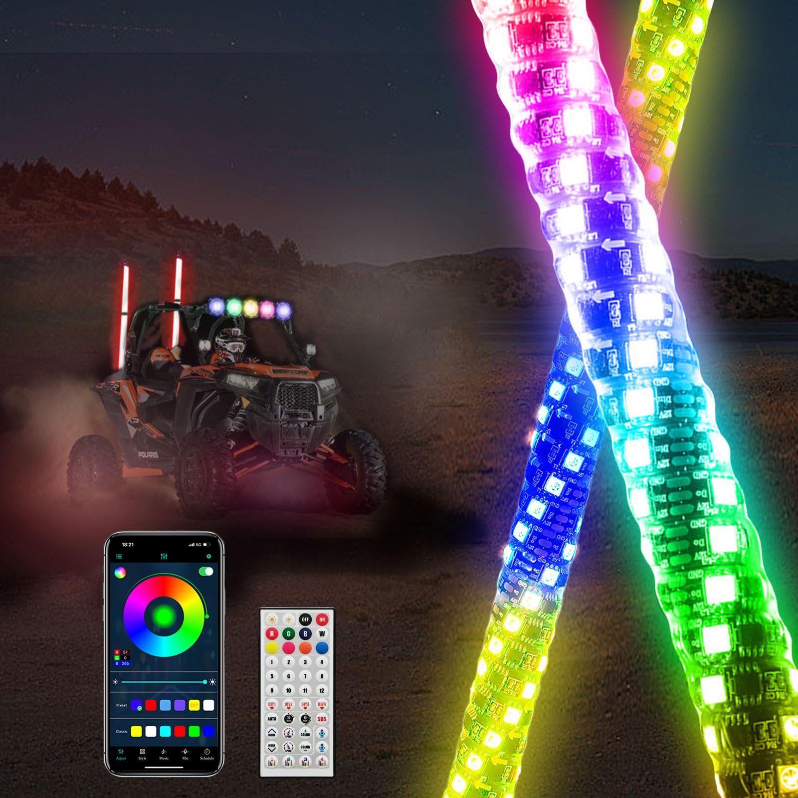 WEKILAM 2 Pack 1FT Whip Lights, LED Whip Light with App & Remote Control, Spiral RGB Chasing Lighted Antenna Whips, Music Whip L