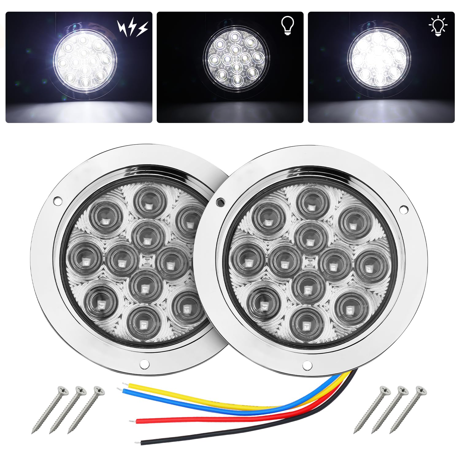 TMH 2 Pack of 4 Inch Round White LED Flashing Strobe Trailer Tail Lights, 12 LED with Chrome Housing, Strobe Solid Flash Pattern