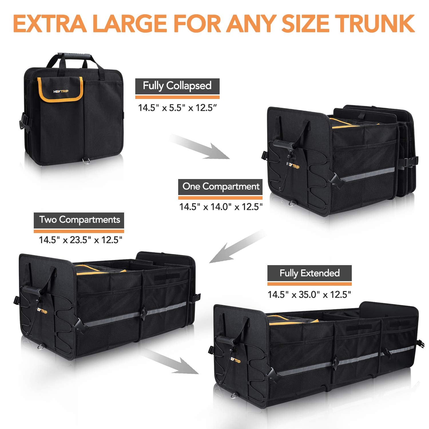 HEYTRIP Large Trunk Organizer with Leakproof Cooler Bag, 3 Compartments, Black, Model HEY03, Includes 2 Tie-Down Straps and 4 Dividers