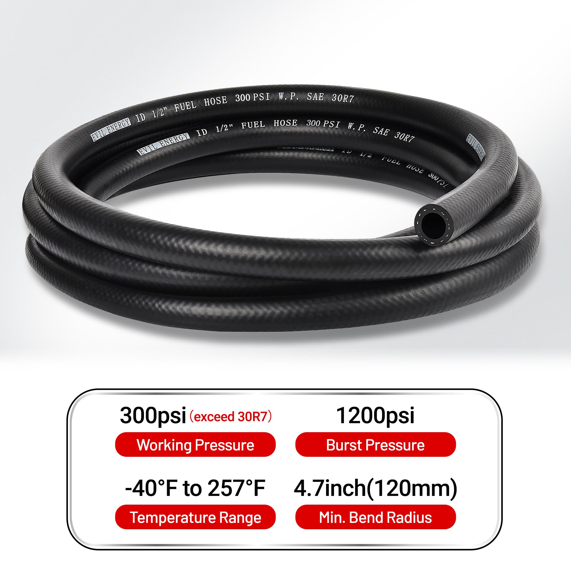 Evil Energy 1/2 Fuel Hose Line Push Lock Nbr Rubber Sae 30R7 10Ft 300Psi