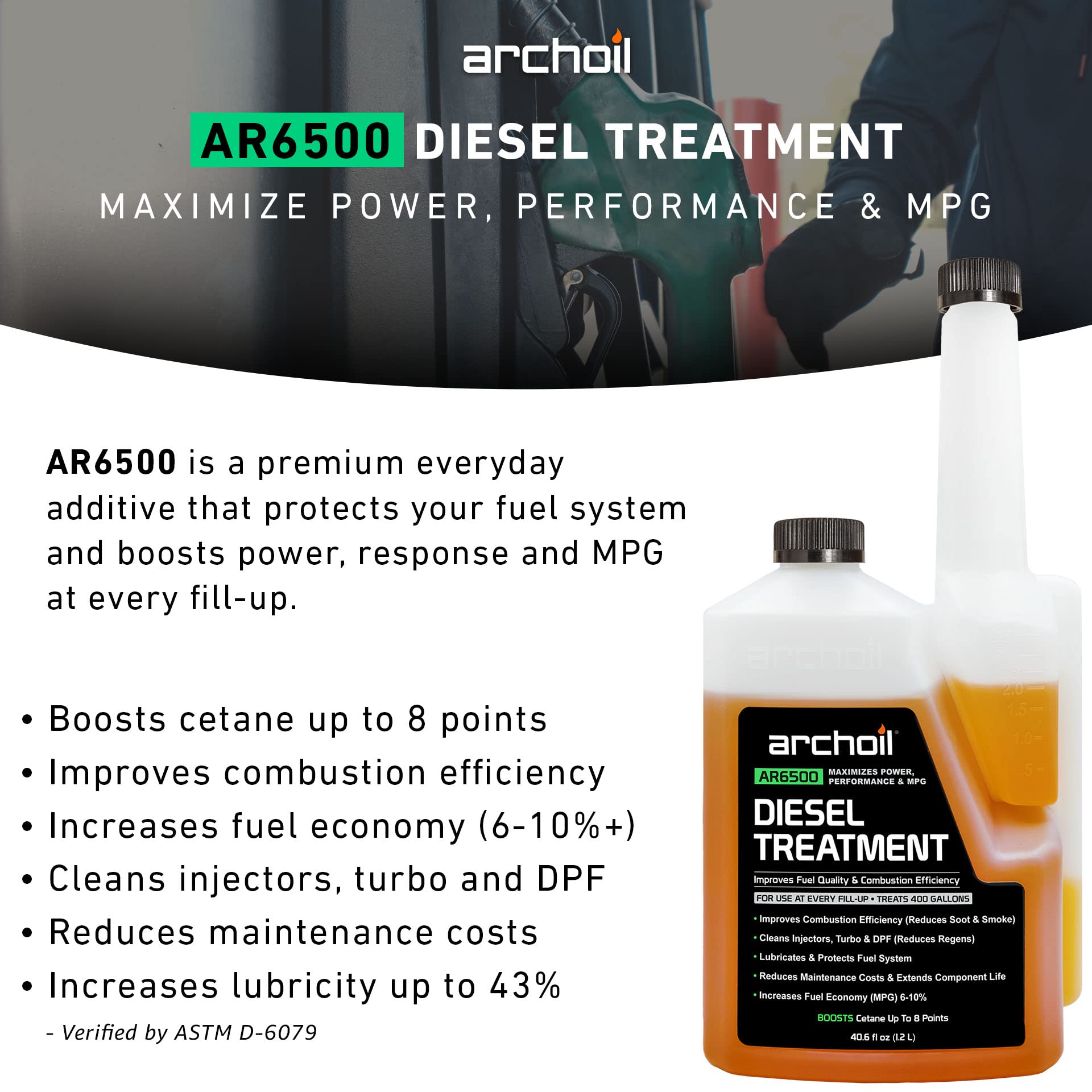 Archoil AR6500 Diesel Treatment - 40.6 oz Additive for All Diesel Vehicles, Treats 400 Gallons
