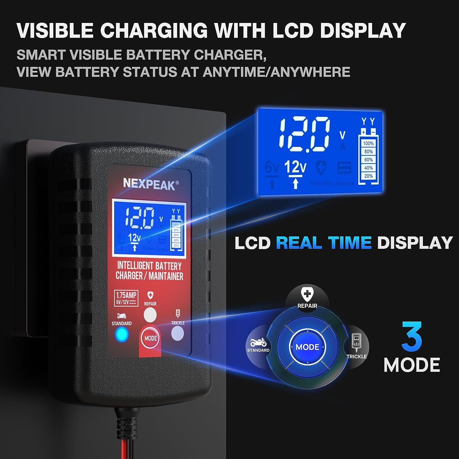 NEXPEAK 2-Pack Smart Fully Automatic Battery Charger Maintainer for 6V/12V Car, Marine, Motorcycle, Lawn Mower - Color: 2P-NC175